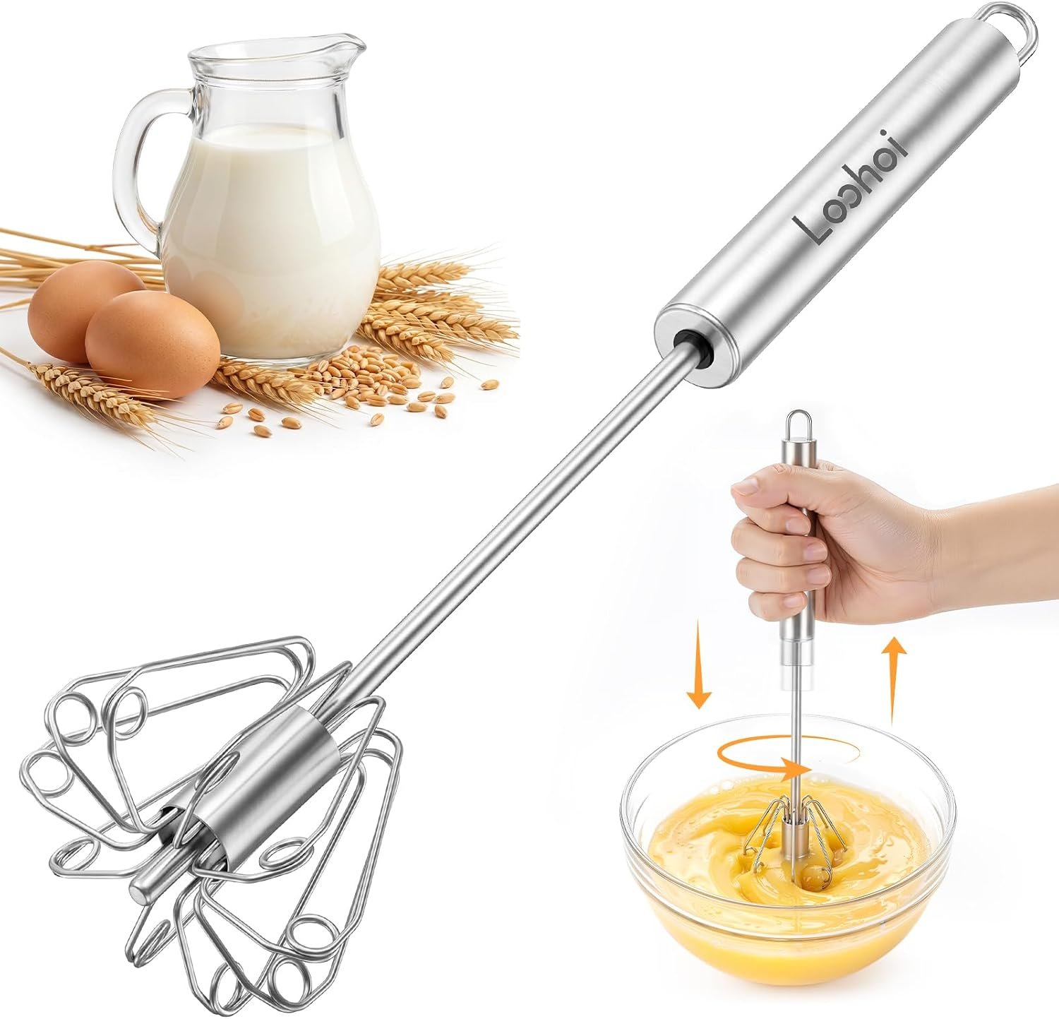 Upgraded Stainless Steel Semi-Automatic Whisk, 10 inch | Easy Push Hand Whisks for Eggs, Cream, Coffee & Light Mixing, Easy Clean Kitchen Whisk for Everyday Cooking, Kitchen Gadgets