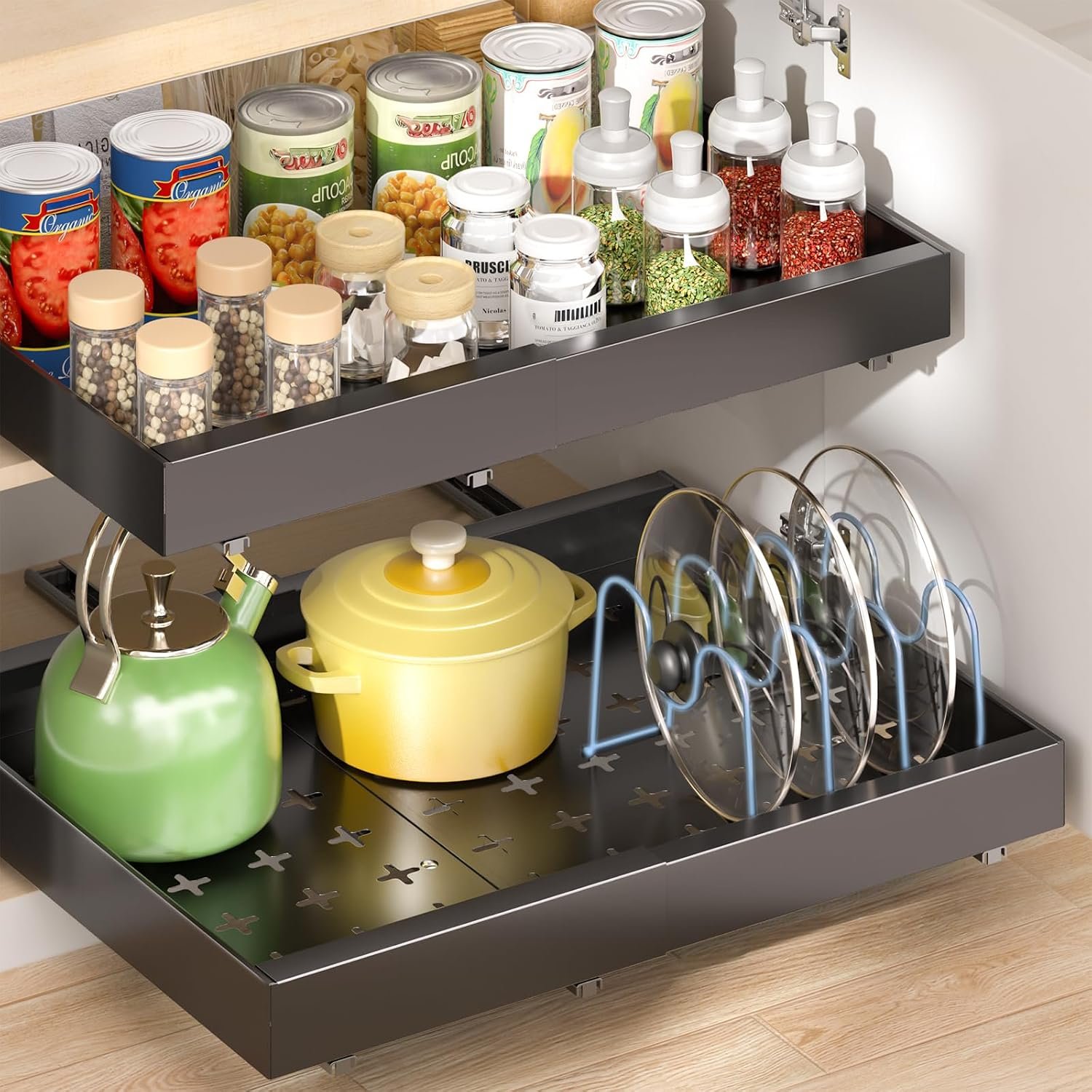 Delamu 16″ Deep Pull Out Cabinet Organizer with 6 Dividers, Expandable (11.7 “-20” W) Pull Out Drawers for Cabinets, Cabinet Trays Pull Out for Cabinets in Kitchen, Pantry or Bathroom, Black, 2 Pack