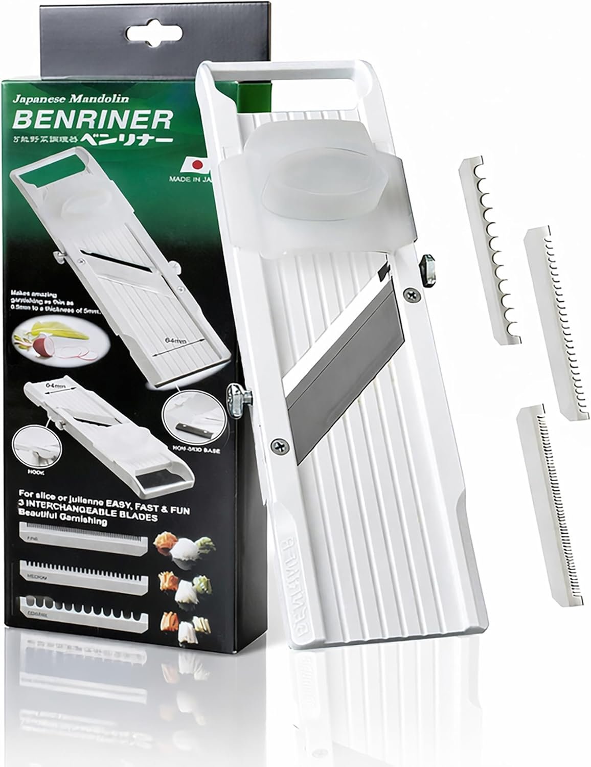 Benriner Japanese Mandoline Slicer – Vegetable Slicer with 4 Stainless Steel Blades, BPA-Free Adjustable Vegetable Cutter – Official US Version with Authentic Retail Packaging