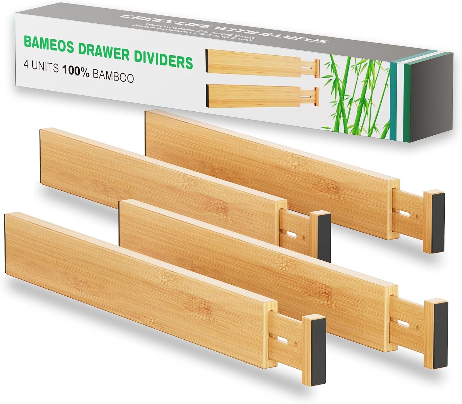 BAMEOS Bamboo Expandable Drawer Dividers – Fits 16.6″–22″ Drawers, 2″ High, Set of 4 | Spring-Loaded Bamboo Separator for Kitchen Island, Bathroom Vanity & Dresser Drawers
