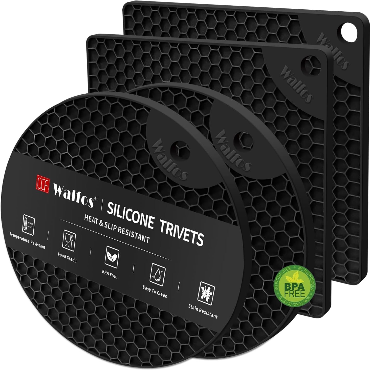 Walfos Silicone Trivet Mats – 4 Heat Resistant Pot Holders, Multipurpose Non-Slip Hot Pads for Kitchen Potholders, Hot Dishers, Jar Opener, Spoon Holder, Food Grade Silicone & BPA Free (Black)
