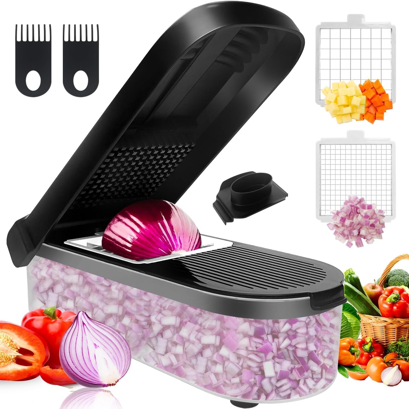 LHS Multifunctional Food Chopper – Onion, Vegetable Slicer Dicer Cutter, Potato Cutter – Veggie Chopper with Container (4 in 1, Black)