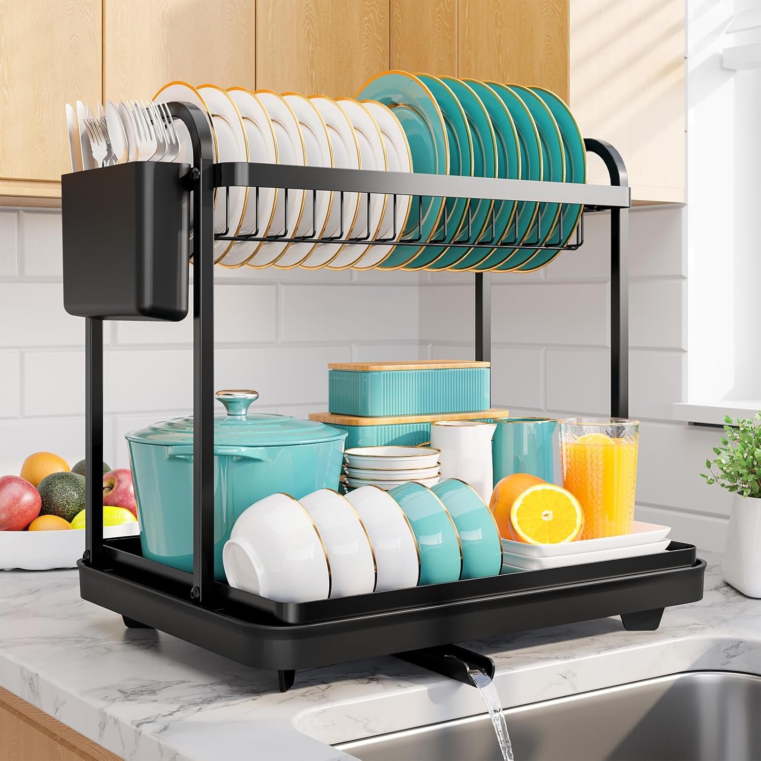 Sakugi 2-Tier Dish Drying Rack – Stainless Steel Dish Rack with Cutlery & Utensil Holders for Kitchen Counter, Sink Organization and Storage for Small Family, 15″ W x 11.4″ L x 15″ H, Black | Kitchen, Sink Counter, Stainless Steel, Counter Top, Utensil Holders, Cutlery Holder, for Small Family, Easy to Clean
