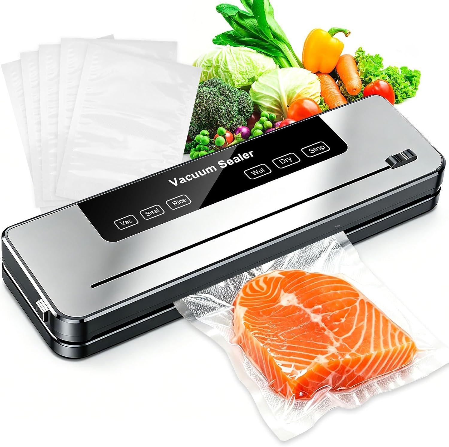 Vacuum Sealer Machine, 75KPa Strong Suction Dry Moist Mode Automatic Food Sealer with Digital Timer, Built-in Cutter, Compact Food Saver Machine White, Comes with 50 Vacuum Bags