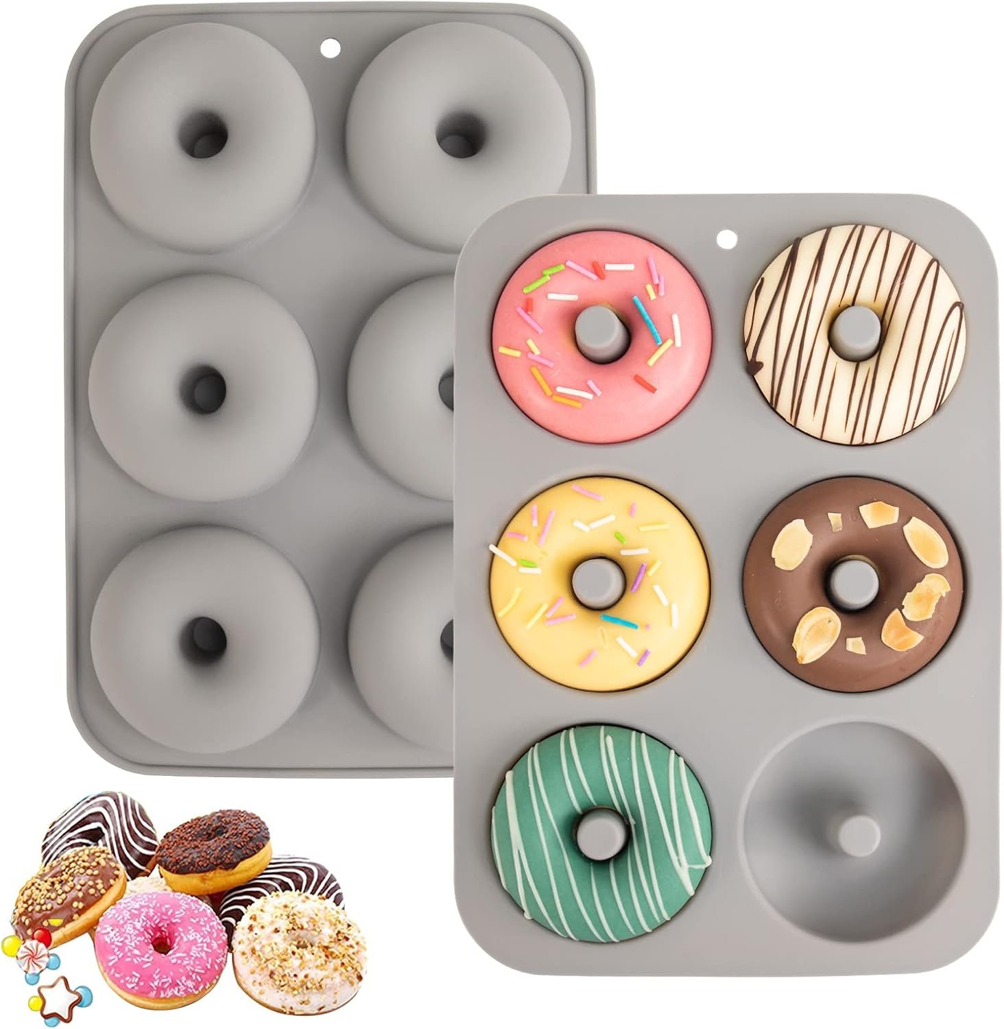 Aichoof Non-Stick Silicone Donut Pan for 6 Doughnuts, BPA-Free, 2-Pack Grey | Food Grade LFGB Silicone Bagels Baking Mold, Dishwasher Safe, Heat Resistant and Microwave Safe