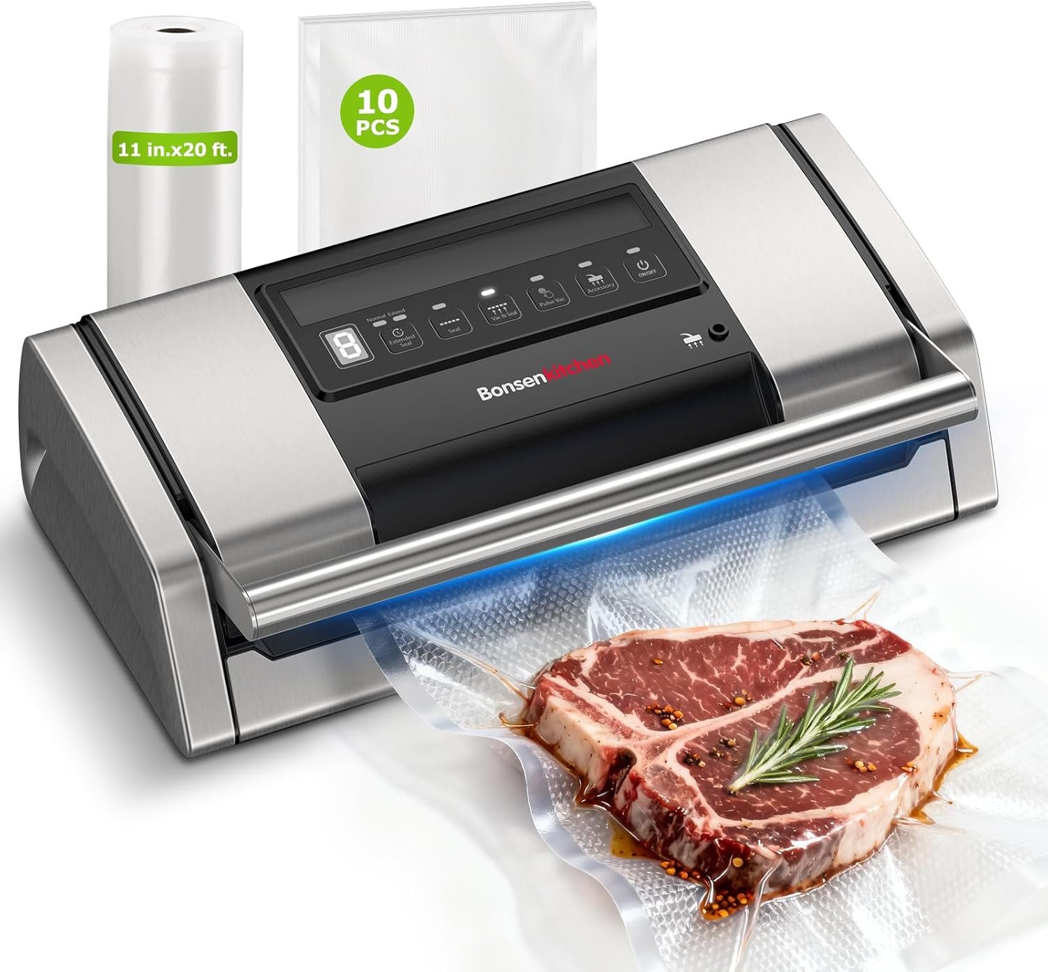 Bonsenkitchen Vacuum Sealer for Food, 5-in-1 Heavy Duty Performance | Built-in Cutter & Bag Storage for Sous Vide, Vacuum Sealer Machine Suitable for Dry & Moist Food Types, 1 Roll & 10 Bags