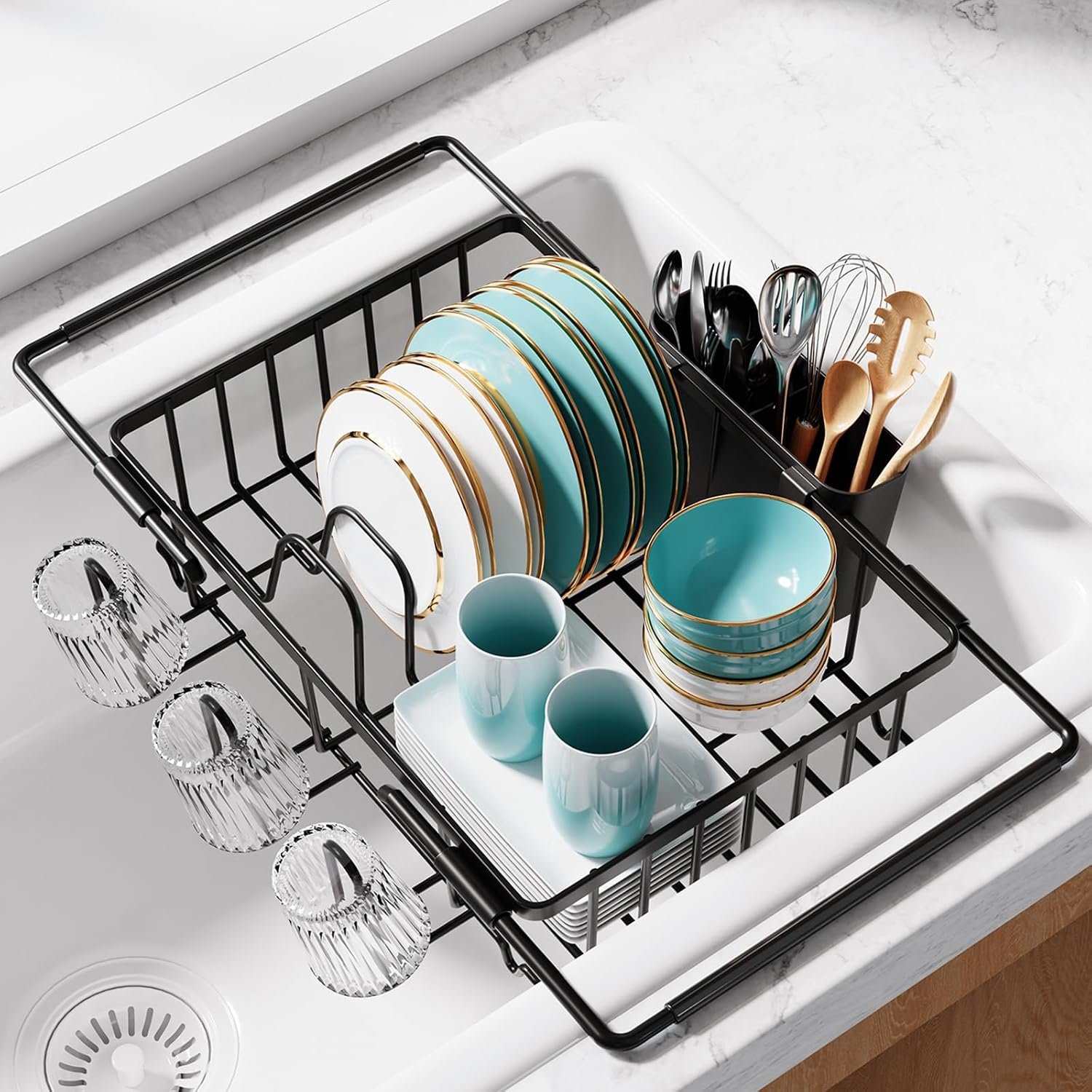 Sakugi Dish Drying Rack in Sink – Expandable Stainless Steel Dish Rack Over the Sink, Kitchen Sink Drain Strainer with Cutlery Holder & Cup Holders, 15.4 x 9.8 x 3.0 Inch, Black