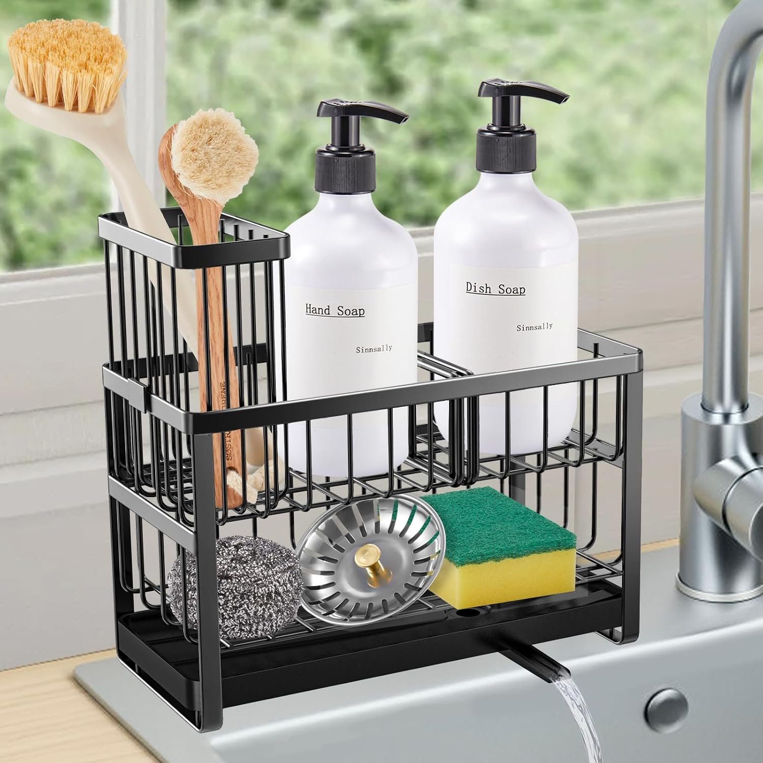 Sinnsally Kitchen Sponge Holder,Sink Caddy Organizer with High Brush Holder,Stainless Steel Sink Box Dish Scrubber Holder,Soap Tray for Kitchen Counter Accessories & Storage Rack(2 Tier – Black)