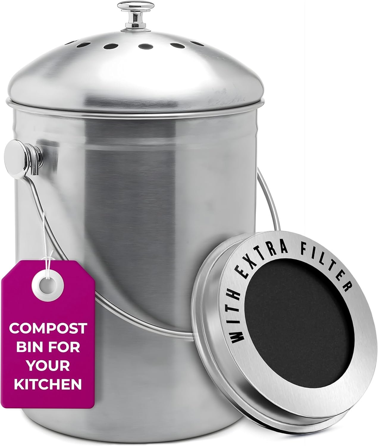 Epica Kitchen Compost Bin for Kicthen Countertops, 1.3 Galllon – Silver | Stainless Steel, Rust- Resistant, Resistant to Leaks, Replaceable Charcoal Filter for Odorless Composting