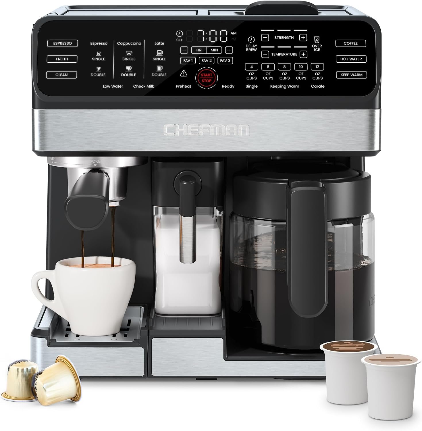 Chefman Coffee Maker Espresso Machine Combo, 8-in-1 Coffee Station with Automatic Milk Frother for Lattes, Cappuccinos, Macchiatos, 20-Bar Pump, 12-Cup Carafe & 3L Water Tank – Black