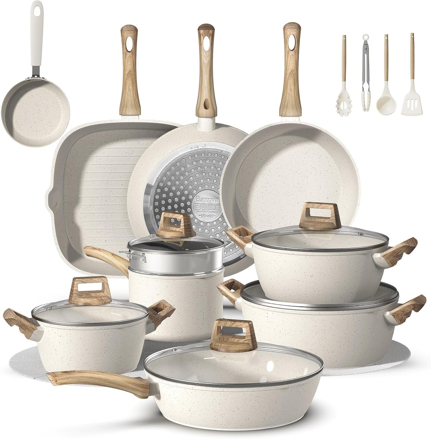 Bazova 25Pcs Pots and Pans Set Non Stick, Titanium-Reinforced Ceramic Cookware Set Non Stick, Non Toxic PFAS-Free Induction Ready, Long-Lasting Performance, Full Kitchen Set with 3 Casseroles