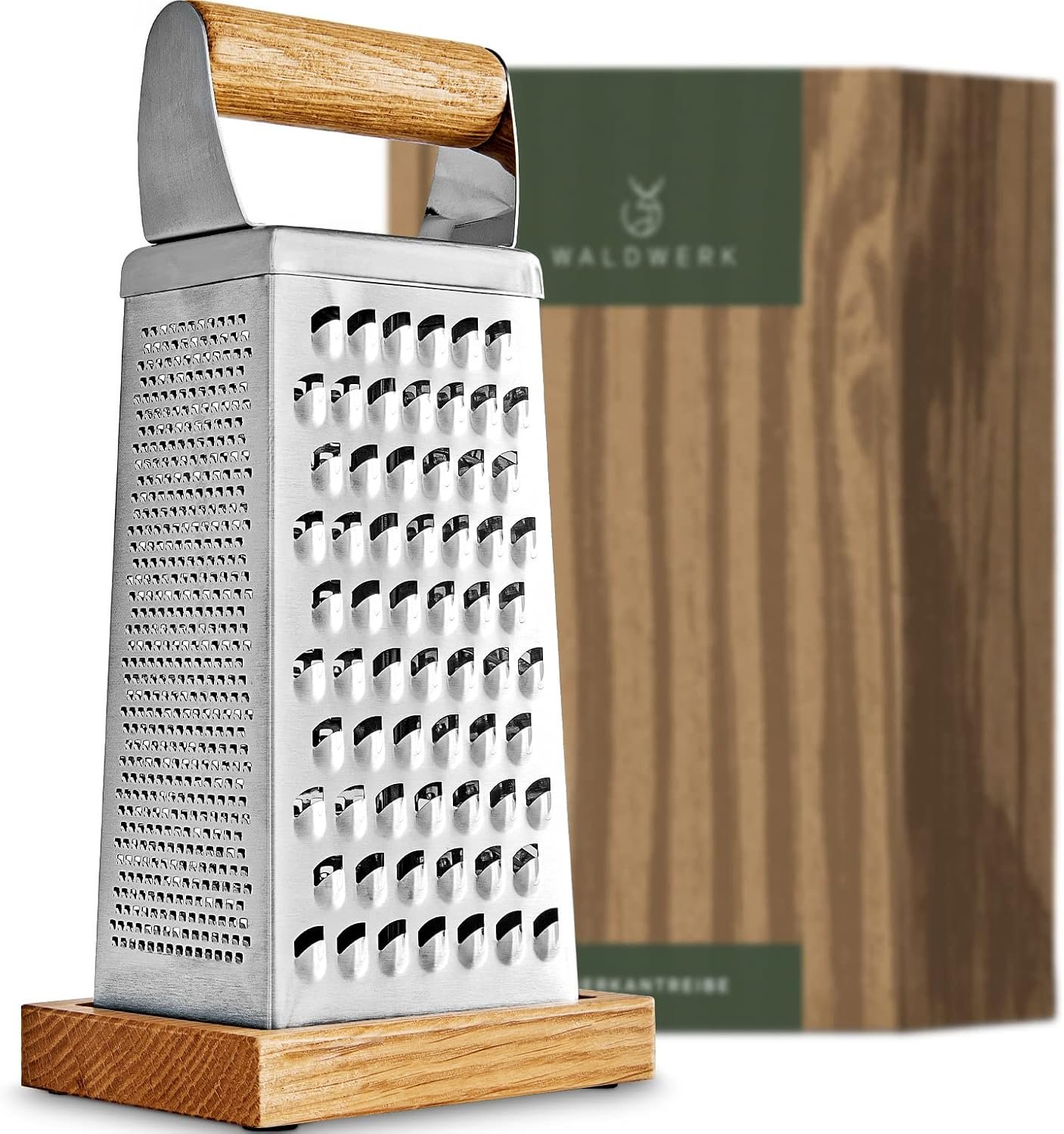 WALDWERK Premium Grater with Etched Stainless Steel Blades – Grater for Kitchen with Oak Wood Base – Box Grater with 4 Sides for Parmesan Cheese, Vegetables, Carrots, or Potatoes – Cheese Grater