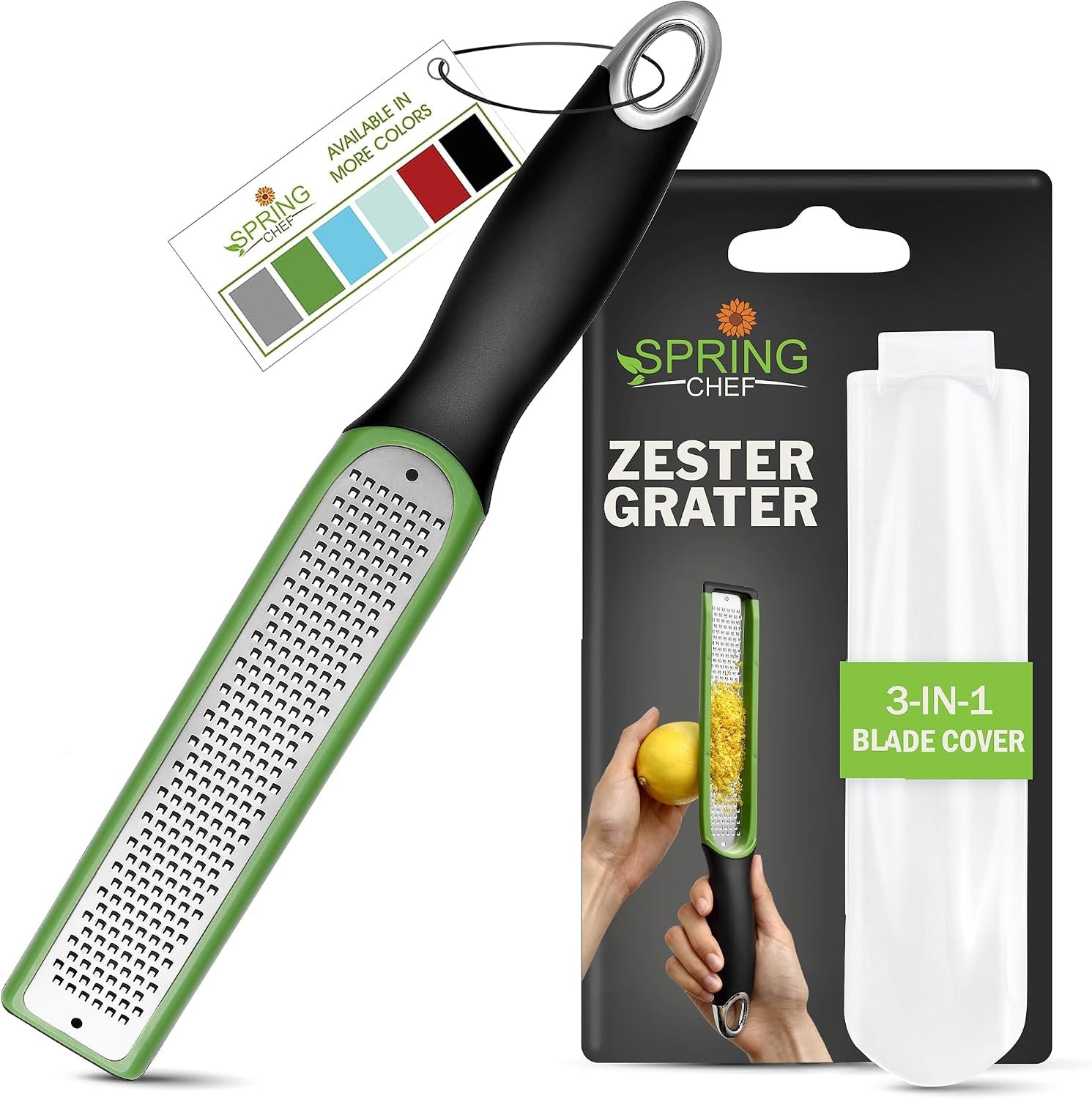 Spring Chef Stainless Steel Lemon Zester – Garlic & Ginger Grater – Green | Premium Zester with Blade Cover, Cheese Grater with Handle for Parmesan, Nutmeg, Lime – Durable Citrus Zester, Fine Shred