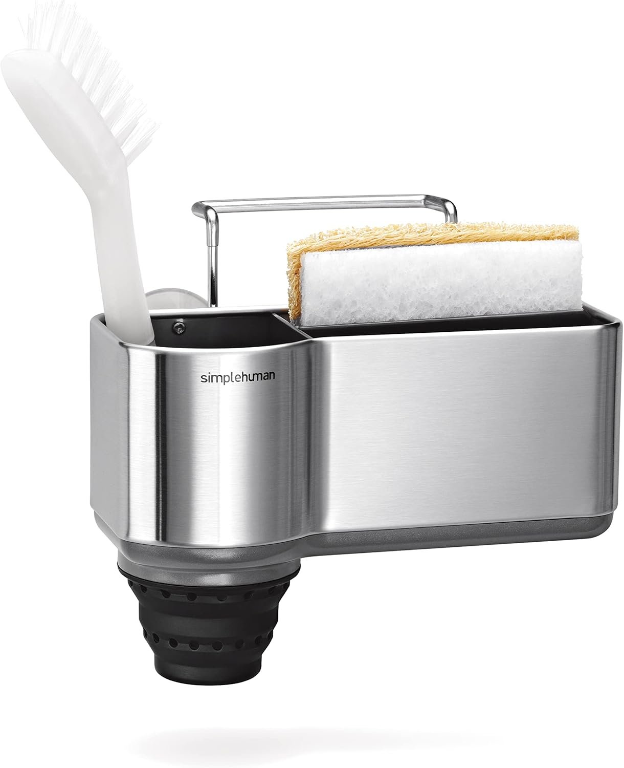 simplehuman Sink Caddy, Sponge Holder for Kitchen Sink with Compartment Dividers, 4 Suction Cups & Wire Ledge Hanger for Secure Mount, Vented Base for Fast Drying, Brushed Stainless Steel