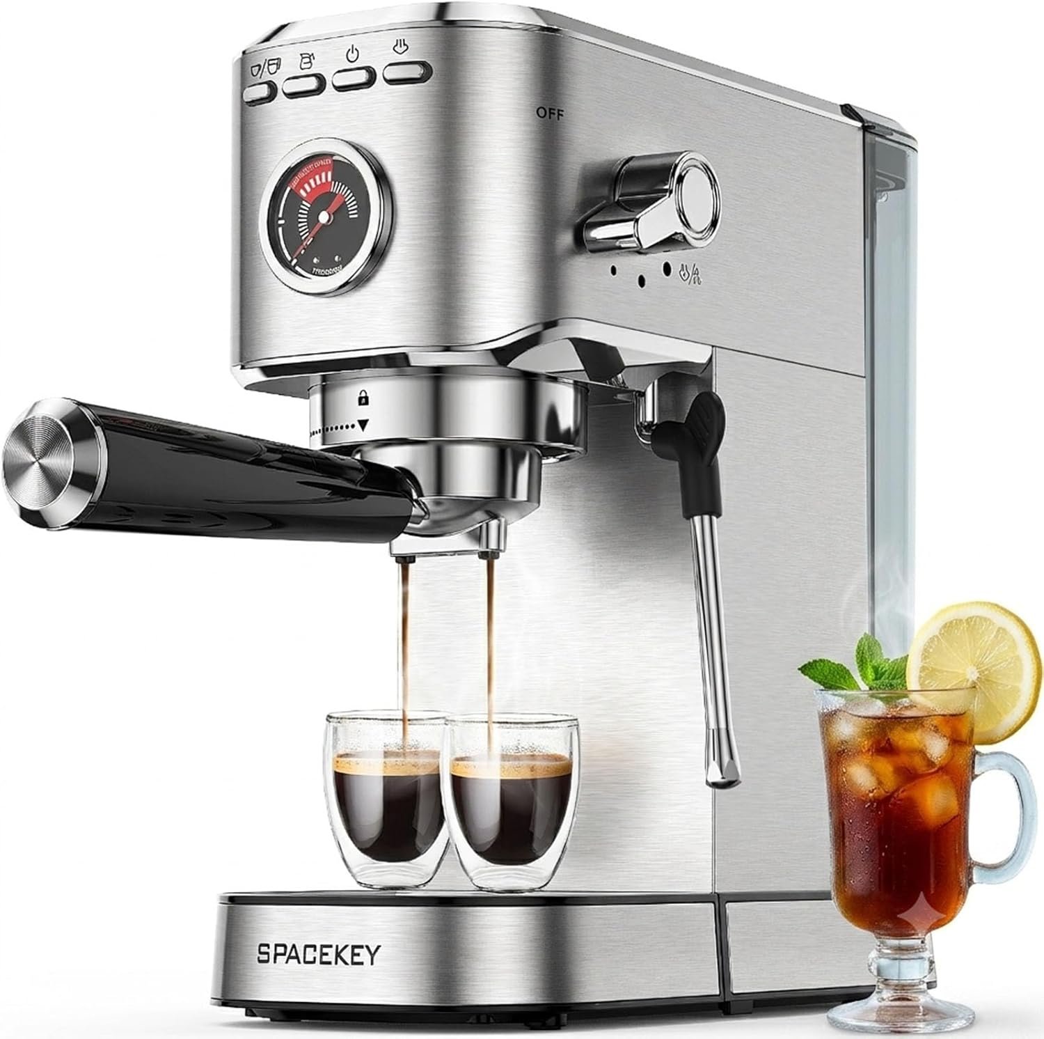 Spacekey Espresso Machine with Milk Frother, 20 Bar Compact Expresso Coffee Machines for Home, Stainless Steel Espresso Maker with 39oz Removable Water Tank for Cappuccino Latte, Fast Heating, Silver
