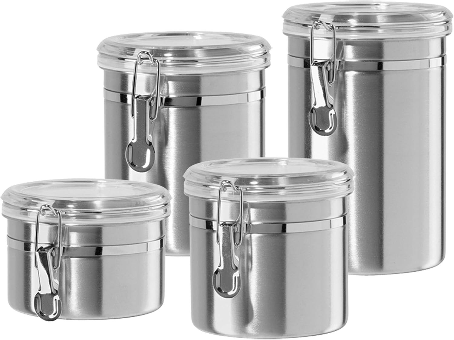 Oggi Set of 4 Stainless Steel Kitchen Canisters – Airtight Clamp Lid, Clear See-Thru Top – Ideal for Kitchen Storage, Food Storage, Pantry Storage – Includes 1 each: 26oz, 36oz, 47oz, 62oz.