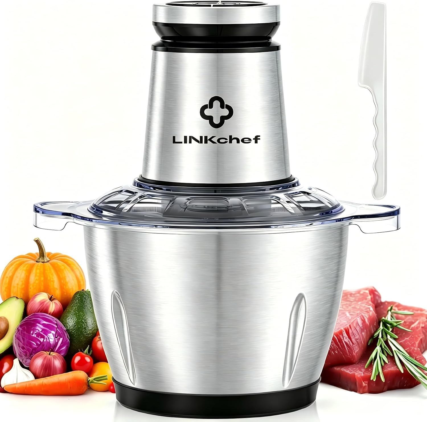 LINKChef Food Processor, 10 Cup Electric Food Chopper, 600W Meat Grinder with Stainless Steel Blades, 2.3L Large Capacity Kitchen Processor for Meat, Vegetables, Onion, Garlic & Meal Prep