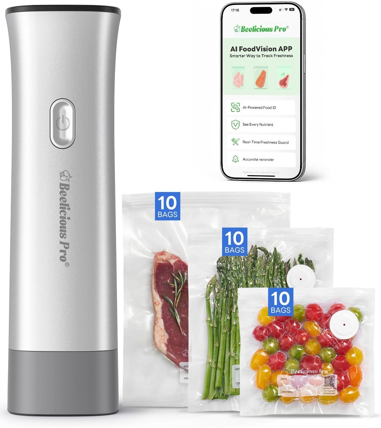 Handheld Vacuum Sealer for Food, VacSense Series 75kPa Compact Vacuum Sealer Machine with 2000mAh Battery, Cordless & Portable, 30 BPA-Free Reusable Bags for Meal Prep, Travel & Kitchen, Silver