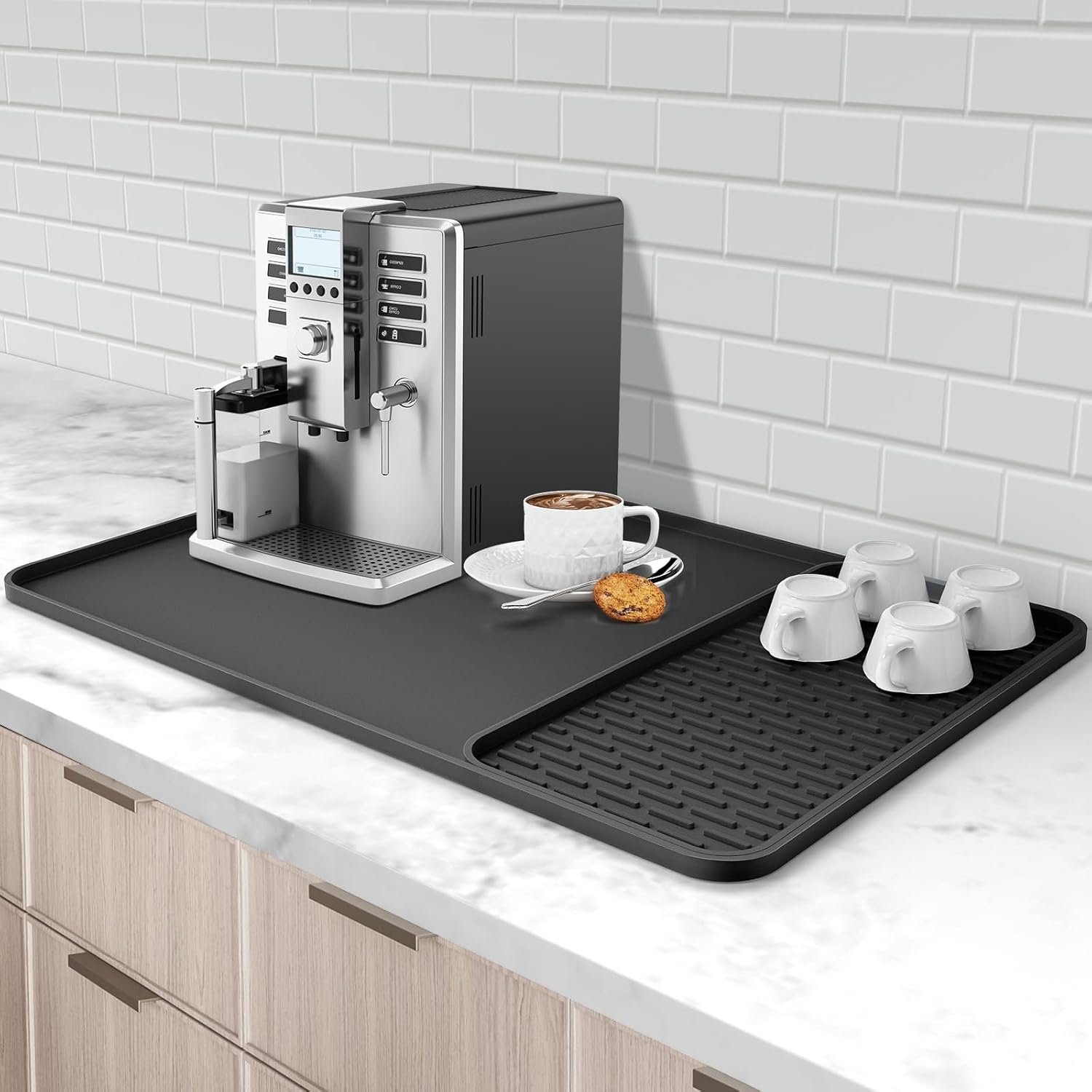 Silicone Coffee Mat, 24”x16” Bar Mat with Detachable Dish Drying Mat – Fits Under Coffee Maker & Dish Rack