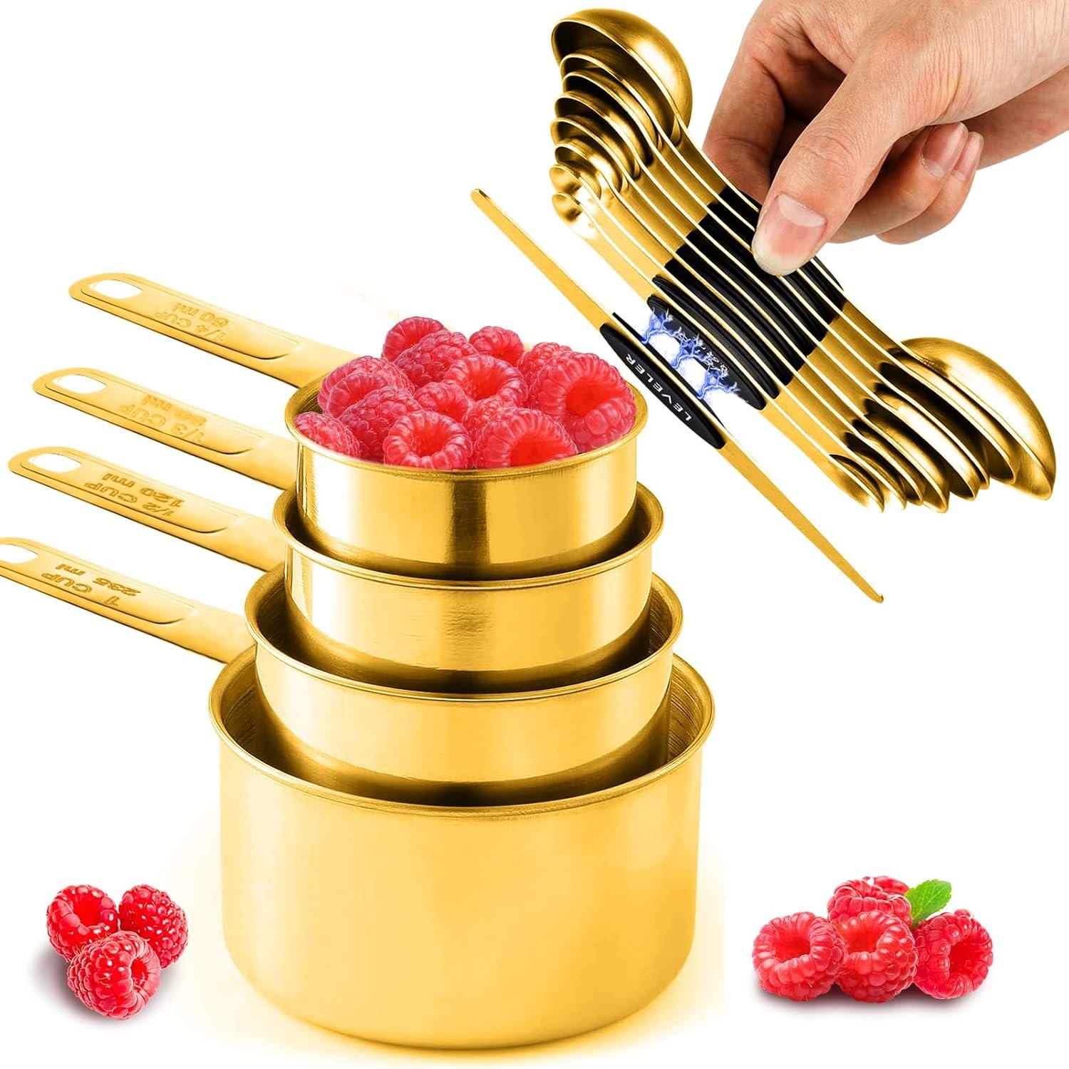 13pcs Gold Stainless Steel Measuring Cups and Spoons Set, 8 Double-Sided Magnetic Measuring Spoons Set & 4 Metal Measuring Cups & 1 Leveler for Kitchen Dry & Liquid Cooking Baking