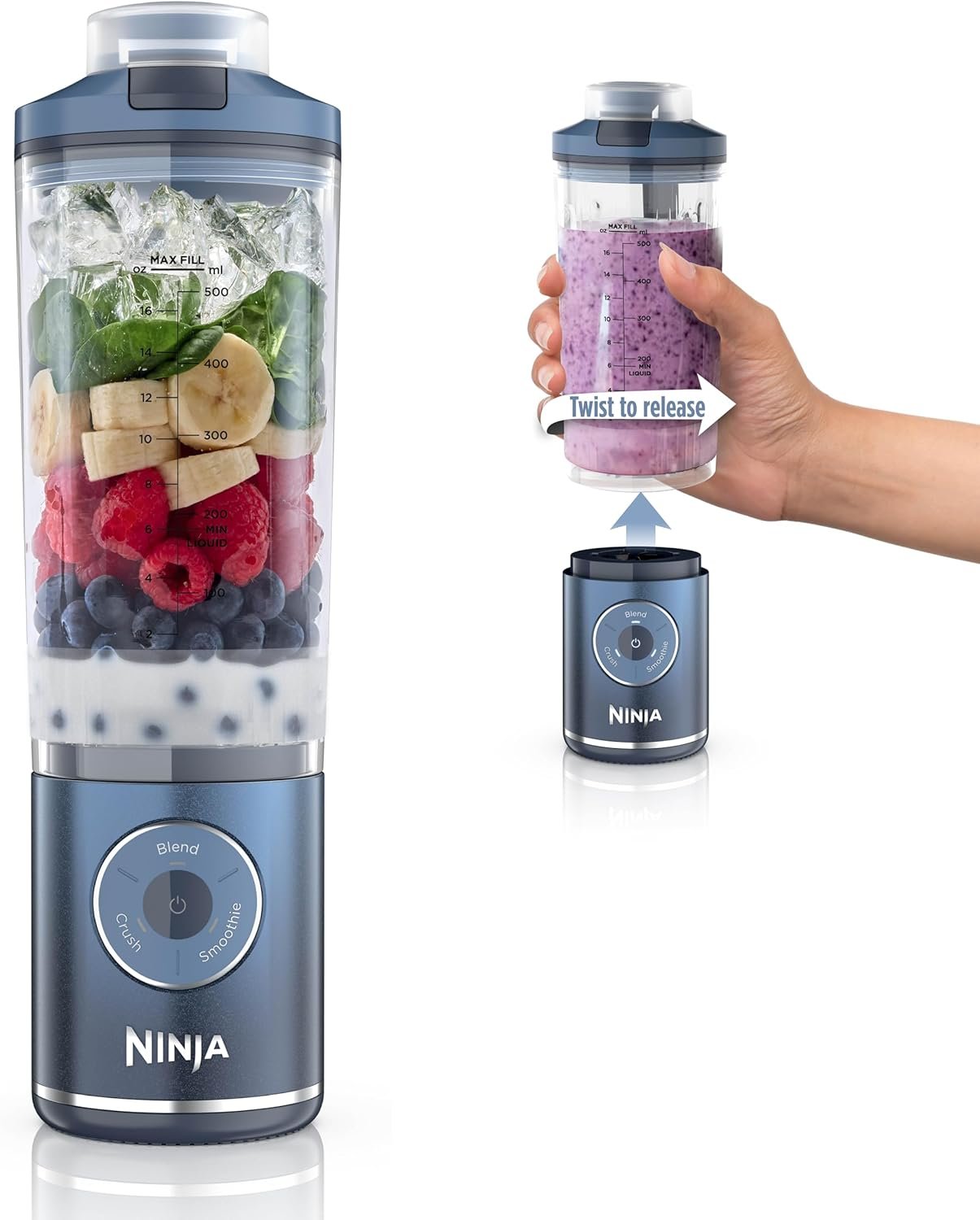 Ninja Blast Max Portable Blender, Twist & Go, 22oz, Navy, BC251NV | Twist & Go removable 22-oz vessel. Auto-iQ Crush & Smoothie programs, cordless. Dishwasher safe, leakproof lid.