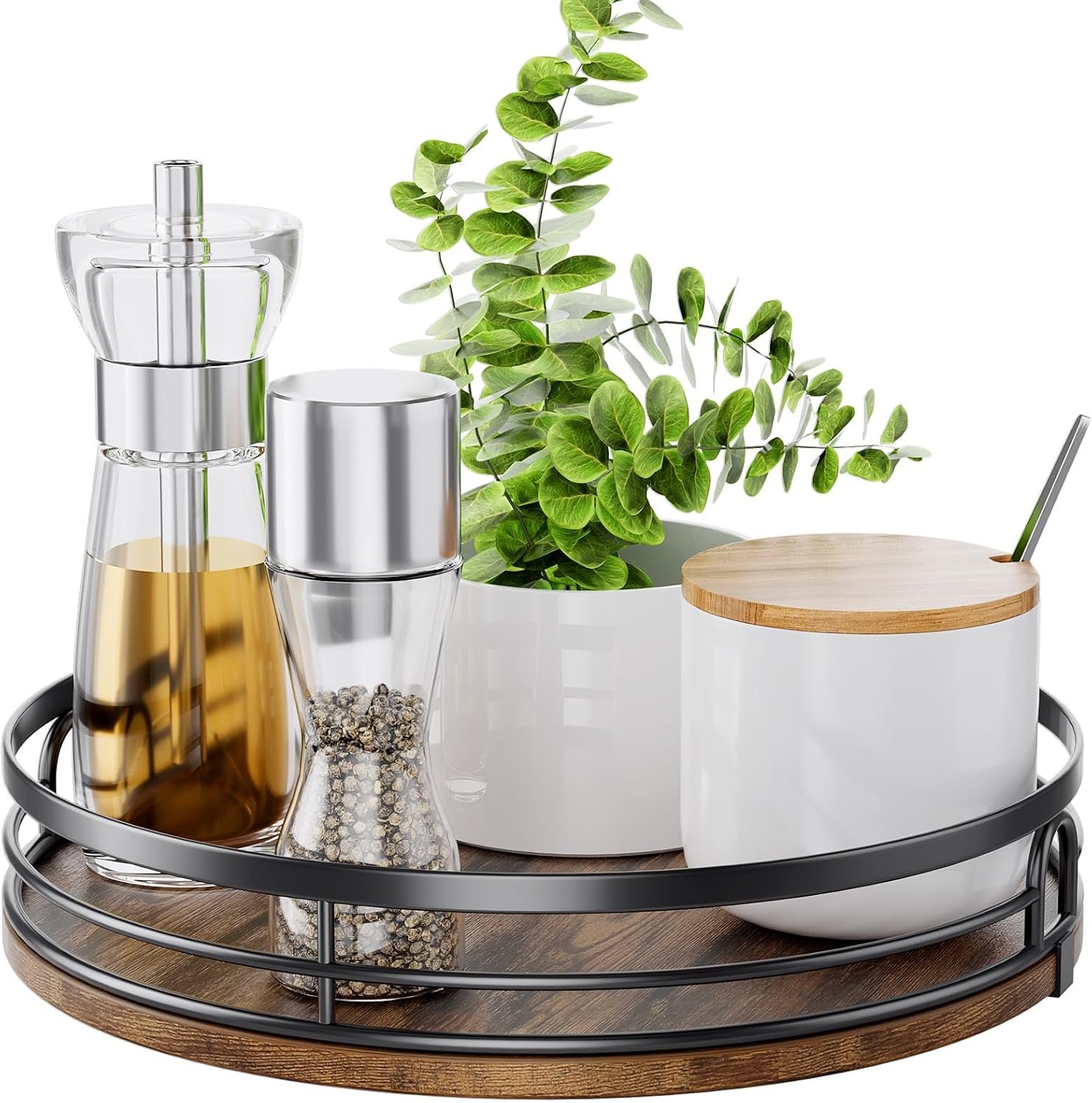 LAMU 9” Lazy Susan Turntable Organizer for Cabinet, Round Wood Lazy Susan for Table Top, Kitchen, Countertop, Pantry, Spice, Bathroom Vanity, Coffee, Farmhouse Decor