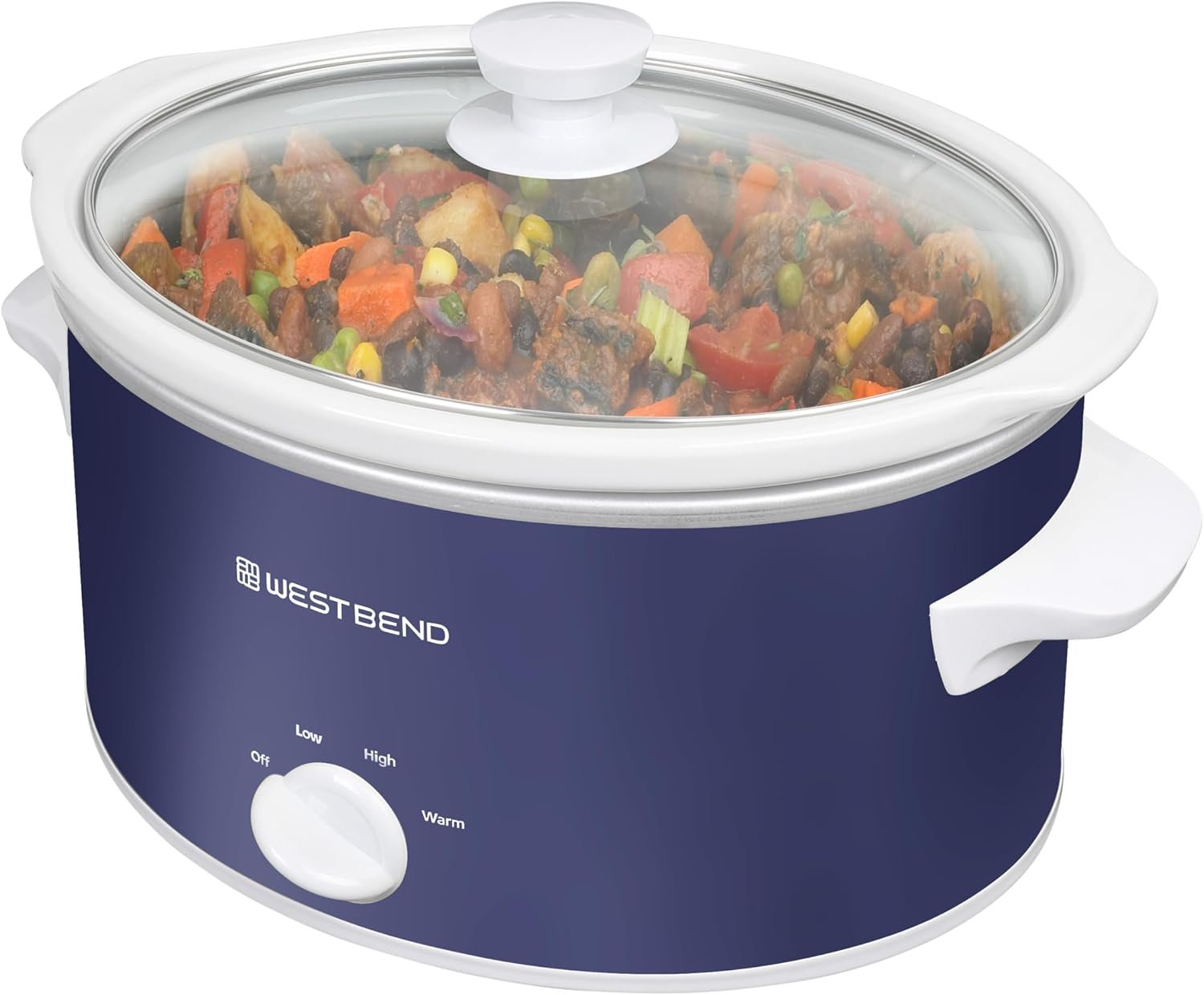 West Bend Slow Cooker 4-Quart Manual Crockery Style with Dishwasher Safe Oval Ceramic Crockpot and Glass Lid Two Temperature Settings Plus Keep Warm, 210-Watts, Navy