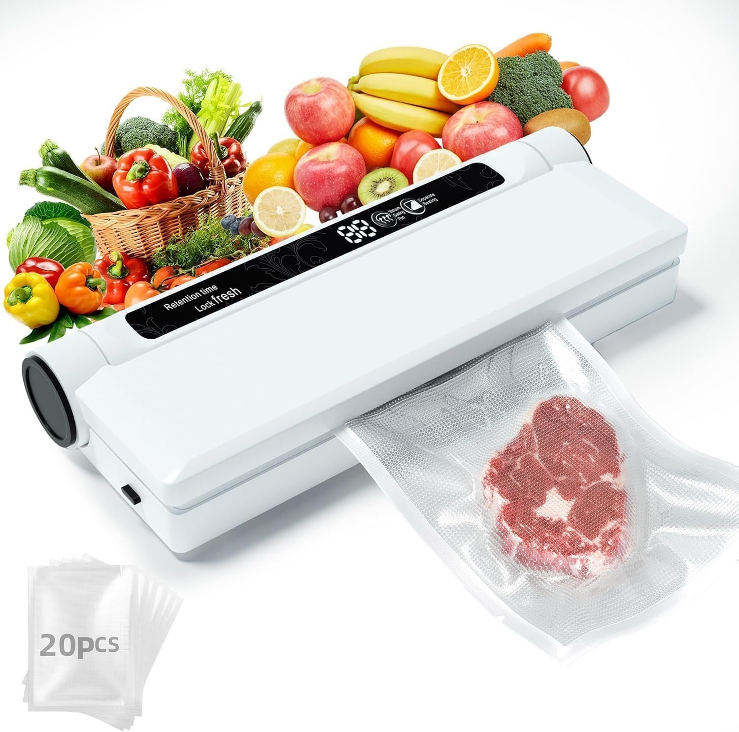Compact Vacuum Sealer Machine, 75KPA Strong Suction, LED Digital Timer Display, Dual Use for Dry & Wet Foods, Includes 20 Bags, Ideal for Home Kitchen Use, White