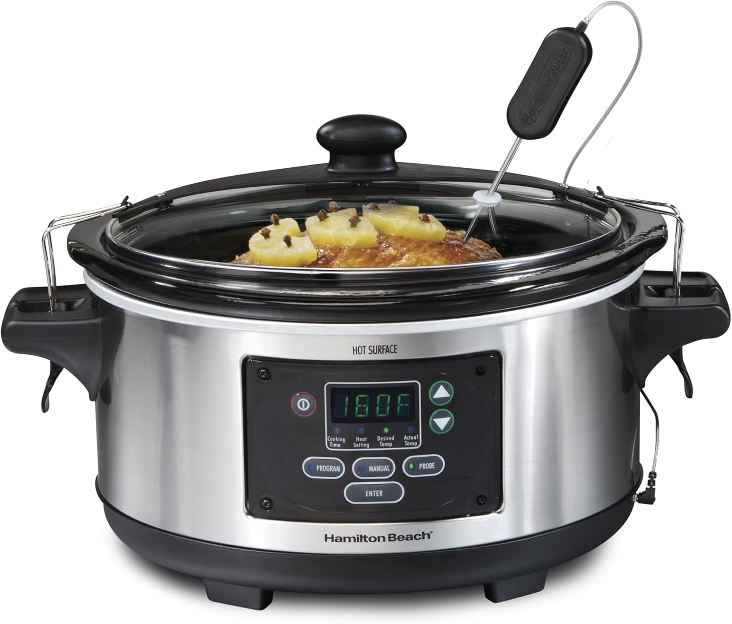 Hamilton Beach Portable 6 Quart Set & Forget Programmable Slow Cooker | Temperature Probe | Lid Lock For Easy Travel | Dishwasher Safe Crock & Glass Lid | Stainless Steel | 33969AG