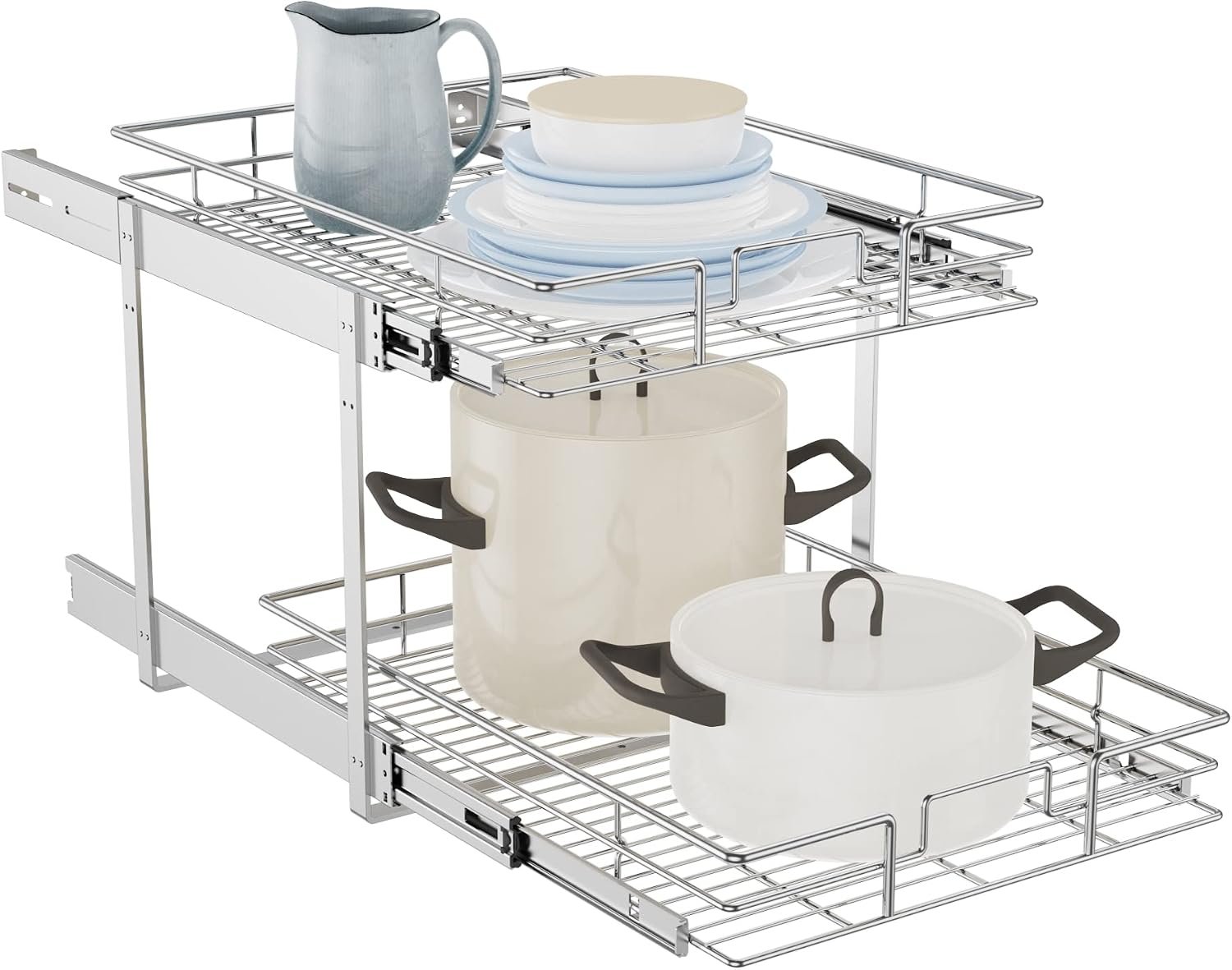 LOVMOR Individual Pull Out Cabinet Organizer, 2 Tier Slide Out Cabinet Drawers, Pots and Pans Organizer and Storage Pantry Shelf for Kitchen (17″ W x 21″ D)
