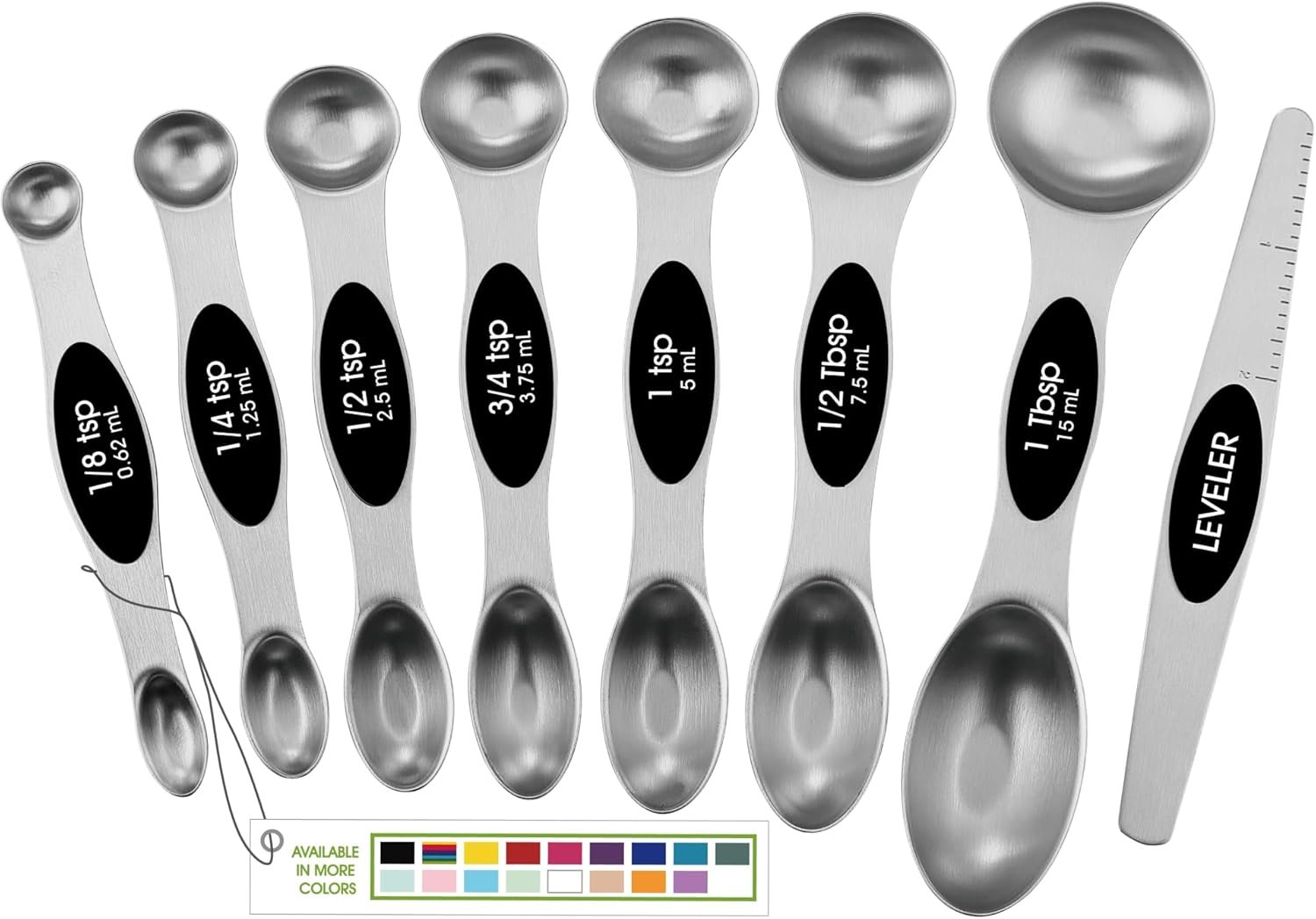 Spring Chef Stainless Steel Magnetic Measuring Spoons Set of 8, Black | Dual Sided Metal Teaspoon & Tablespoon Measuring Spoons with Leveler for Dry & Liquid Ingredients, Nesting, Dishwasher Safe