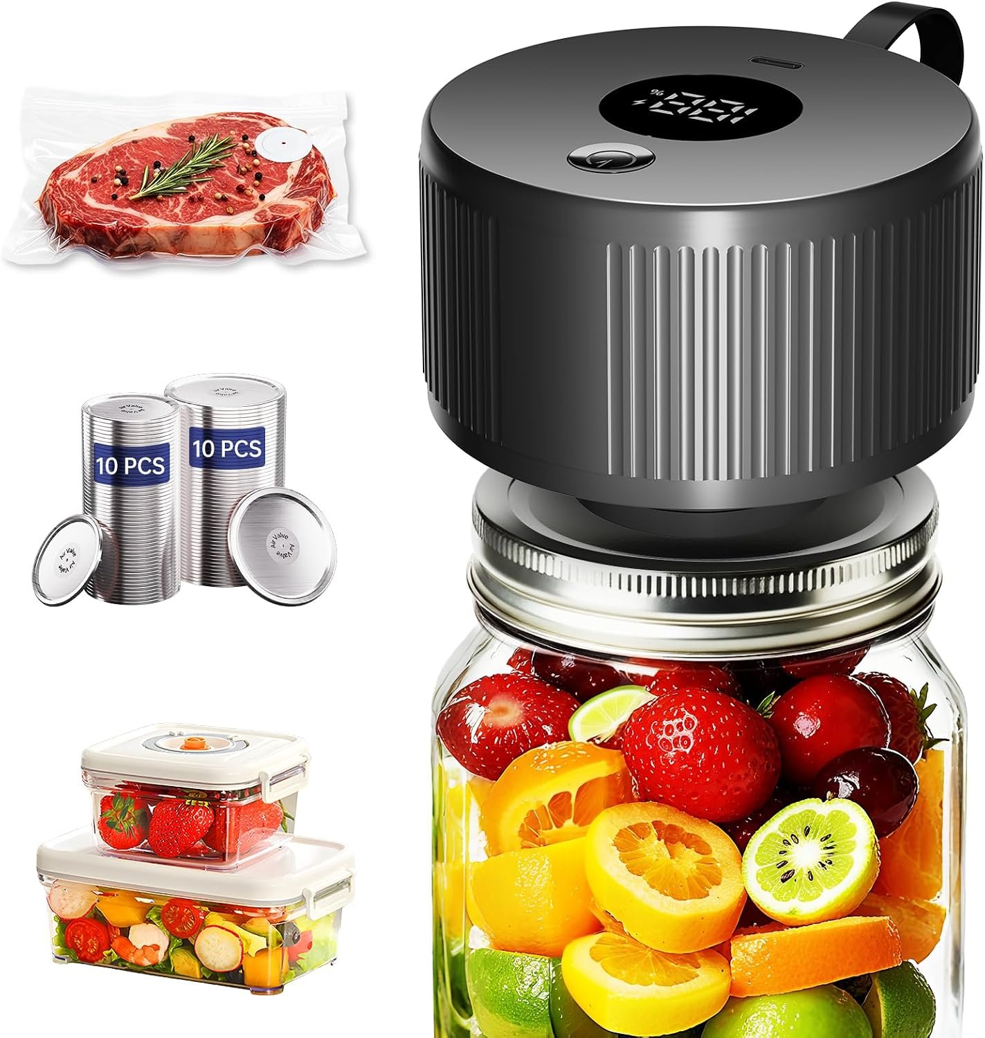 Electric Mason Jar Vacuum Sealer Kit, 3-in-1 Handheld Jar Sealer, Black | One-Touch Auto Seal, For Mason Jars, Food Savers & Containers, Ideal for Canning Jams, Pickles, Dry Foods, Present for Mom