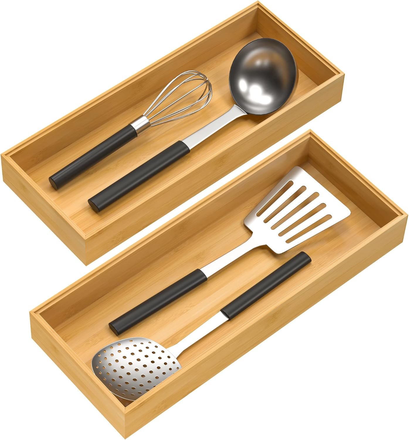 VeyFey Bamboo Drawer Organizer, Stackable Utensil Organizer for Kitchen, Bamboo Storage Box Wood Silverware Tray for Drawer 15″ x 6″ x 2″ Set of 2