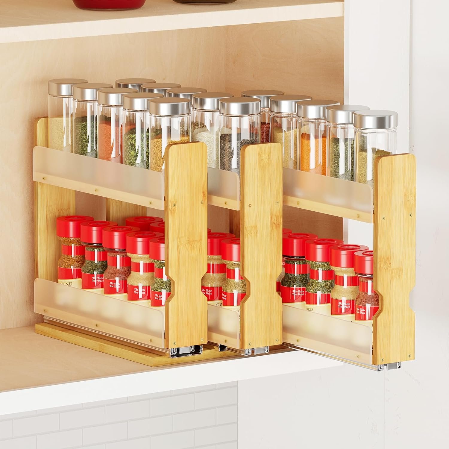 SpaceAid Bamboo Pull Out Spice Rack Organizer for Cabinet, Heavy Duty Slide Out Seasoning Kitchen Pantry Sliding Vertical Organization, 7.6″ Wide, 3 Drawers(2″ Wide), 2-Tier, Natural