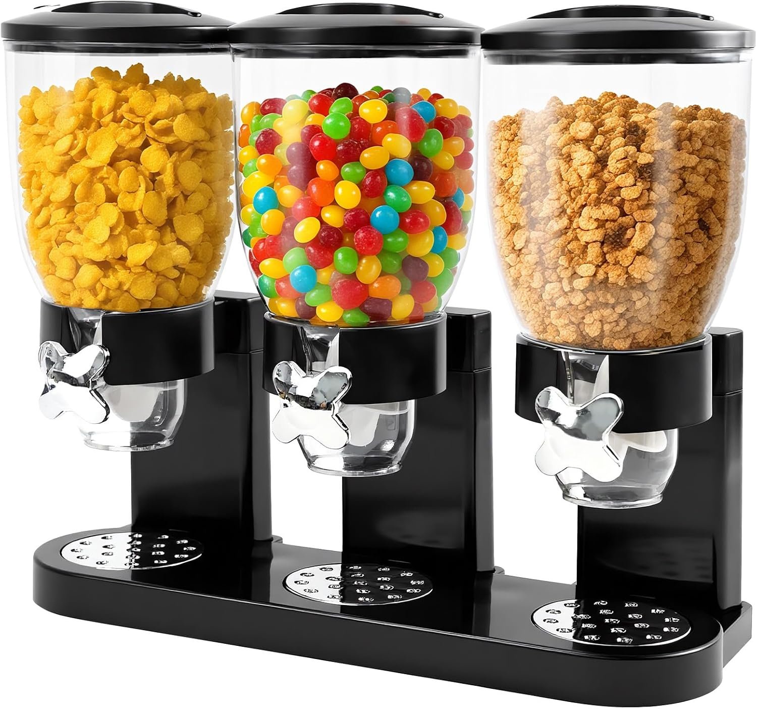 Triple Cereal Dispenser Countertop – 3 Pack 2L Black | Large Cereal Containers Storage Rotating Black Plastic Dry Food Dispenser for Cereal, Rice, Grains, Candy, Coffee Beans