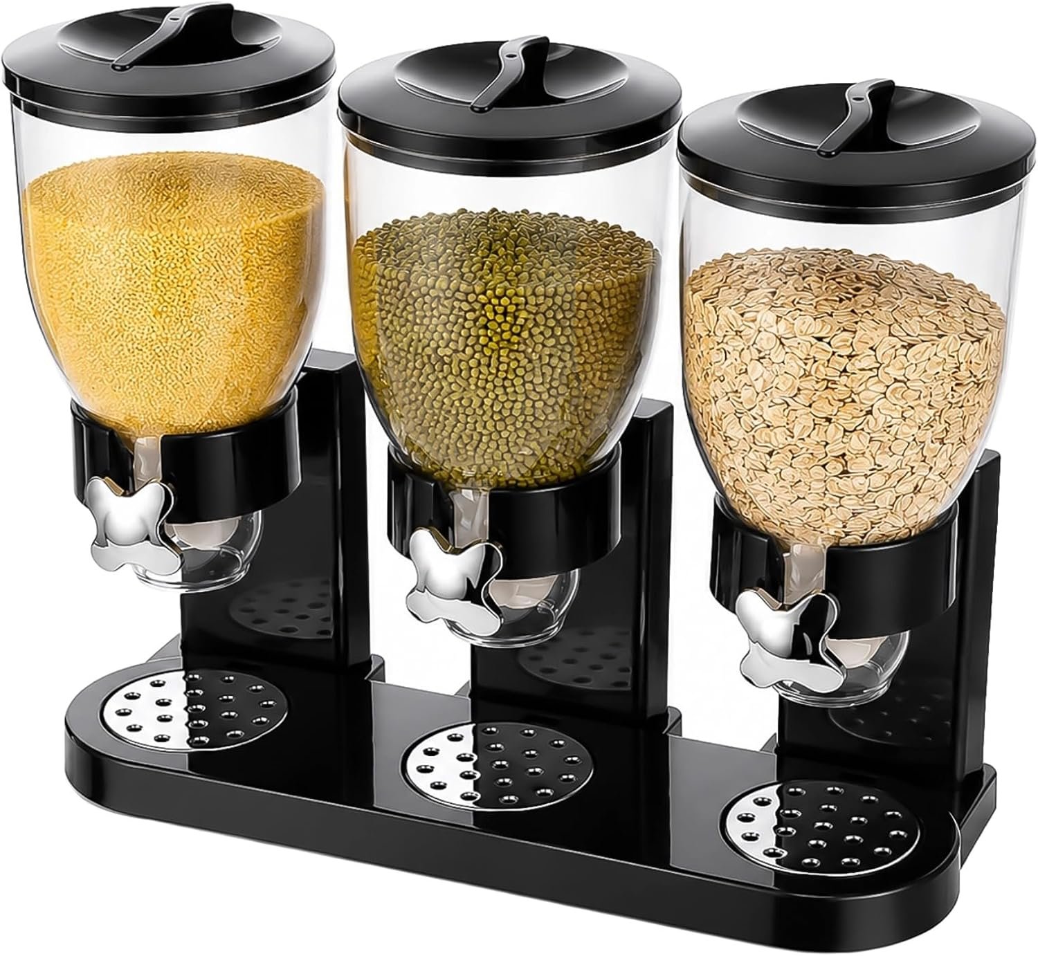 Triple Food Dispenser, 3 Pack 2L/67oz Cereal Dispenser Countertop, Cereal Containers Storage Airtight, Rotating Black Plastic Dry Food Dispenser, Candy Dispenser for Cereal, Rice, Candy, Coffee Beans