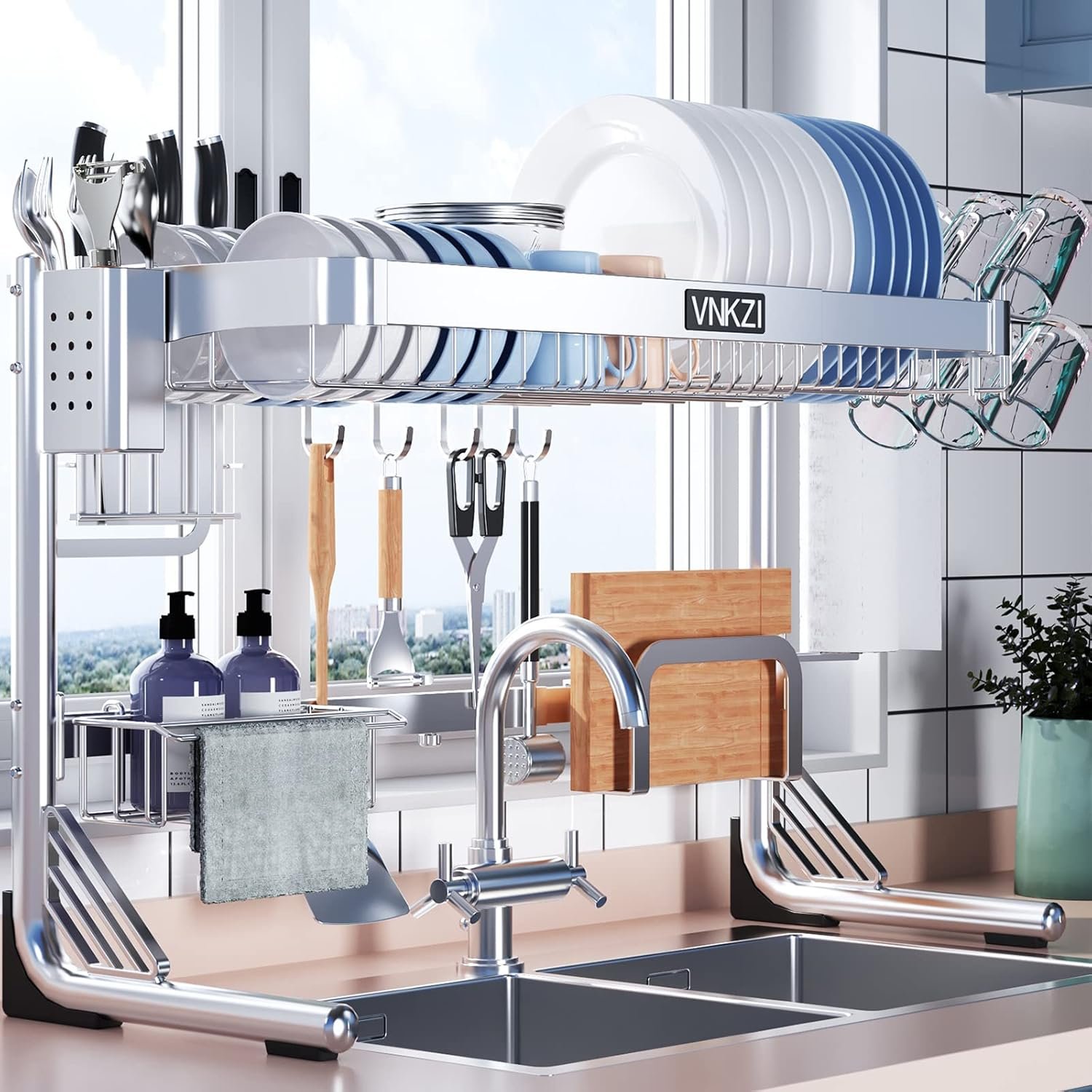 VNKZI Over Sink Dish Drying Rack, 2 Tier Full Stainless Steel Storage Adjustable Length (25.98” to 36.61”) Kitchen Rack, Multifunctional Expandable Counter Organizer, Space Saver Dish Rack