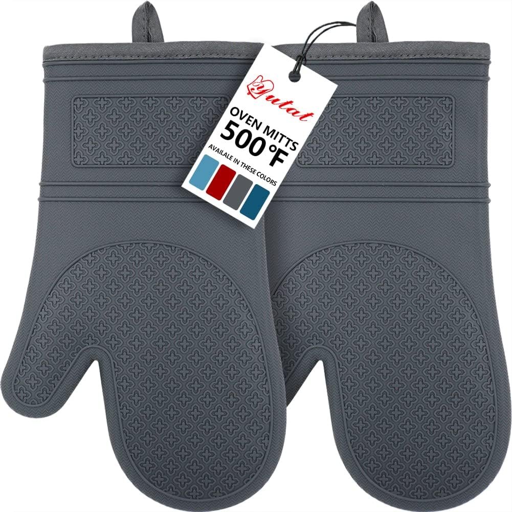 Yutat Silicone Oven Mitts, Oven Gloves with Non-Slip Silicone, 600 Degree Heat Resistant, Soft Cotton Lining, Waterproof and BAP-Free, Oven Mitts for Cooking and Baking – 1 Pair 12 Inch Charcoal Grey