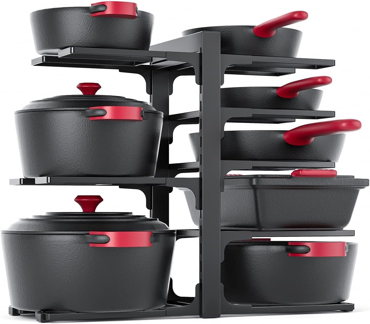 MUDEELA 8-Tier Heavy Duty Pots and Pans Organizer under Cabinet, Black | Adjustable 15.83″ H pot rack, pan organizer Holds big stockpots, Cast Iron Skillet and cookware for use inside cabinets