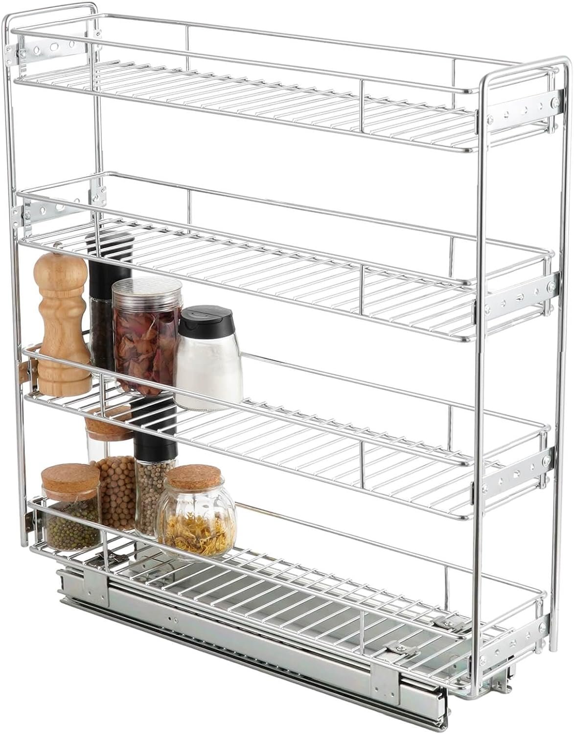 OCG 4-Tier Pull Out Kitchen Cabinet Spice Rack Holder Shelves (5″ W x 21″ D), Slide Out Slim Storage Wire Baskets for Storage Organization, Narrow Pull Out Storage for Narrow Space