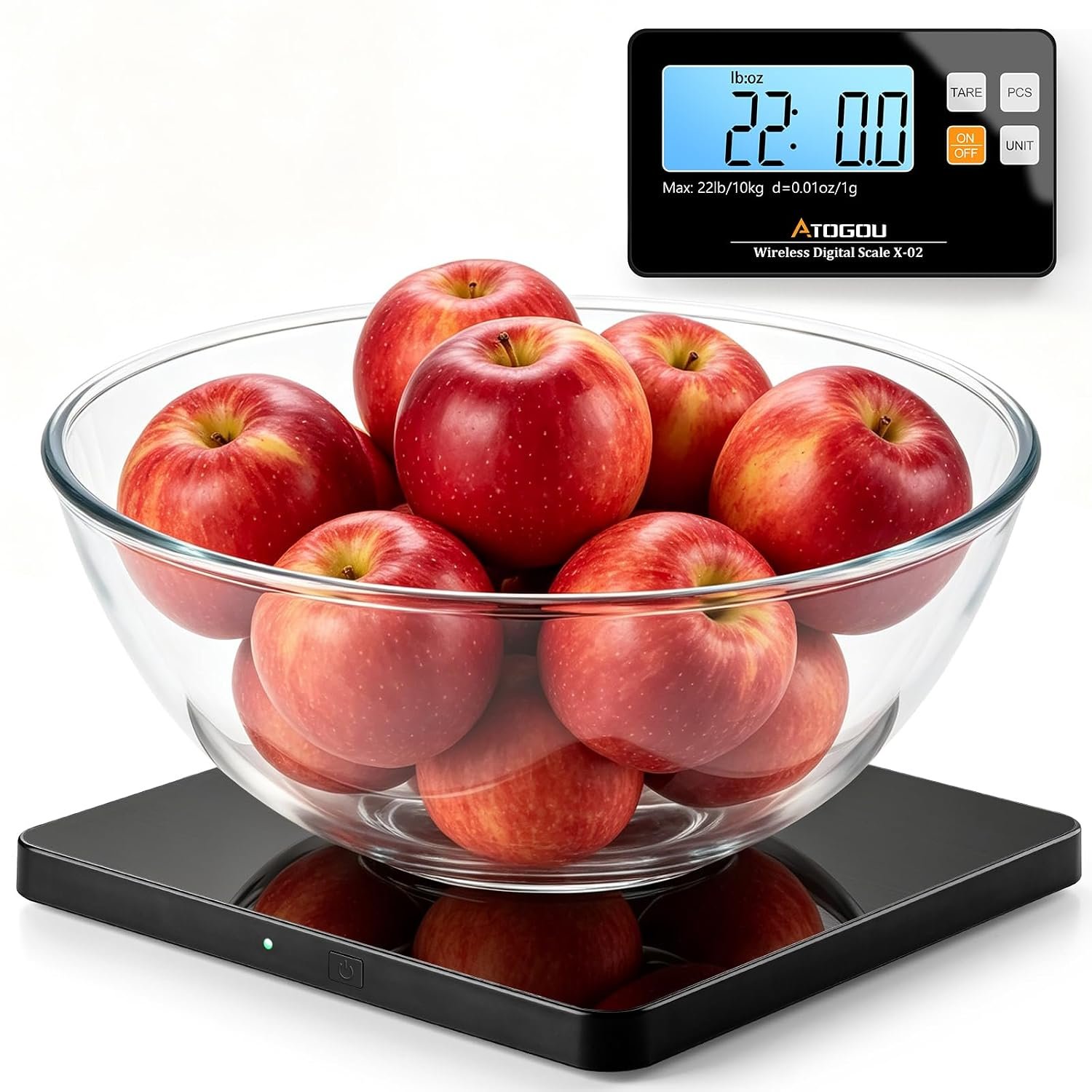 Atogou Wireless Kitchen Scale, 22lb/10kg Food Scale with Detachable Display | 0.01oz/1g Precision, Larger Platform, 9 Units, Counting Function, Stainless Steel, for Cooking, Baking, Shipping, Black