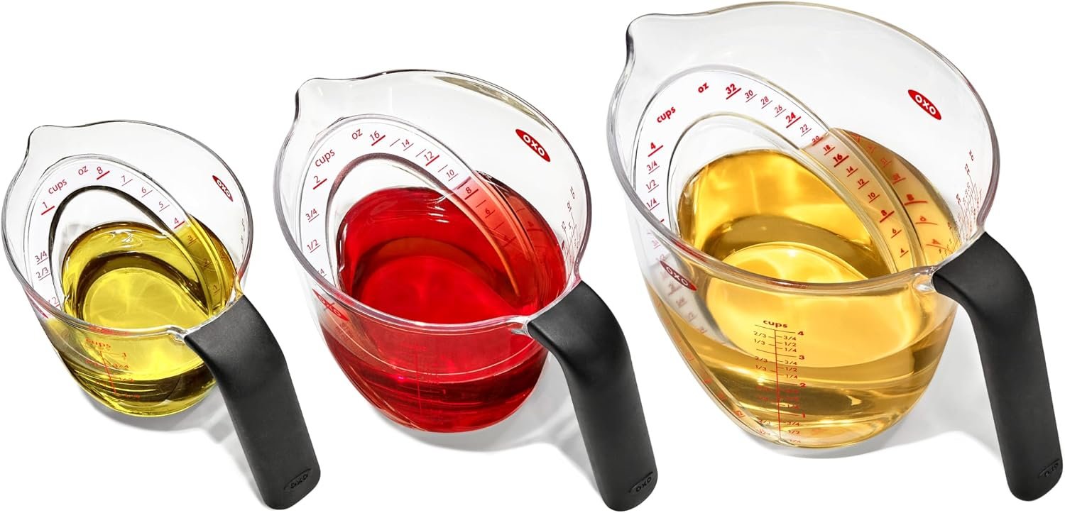 OXO Good Grips Angled Measuring Cups with Markings, Multi Size 3-Piece Set | Angled Interior Markings to Read from Above, Includes 1-cup, 2-cup & 4-cup, Marked with Ounces & ml, Non-Slip Grip