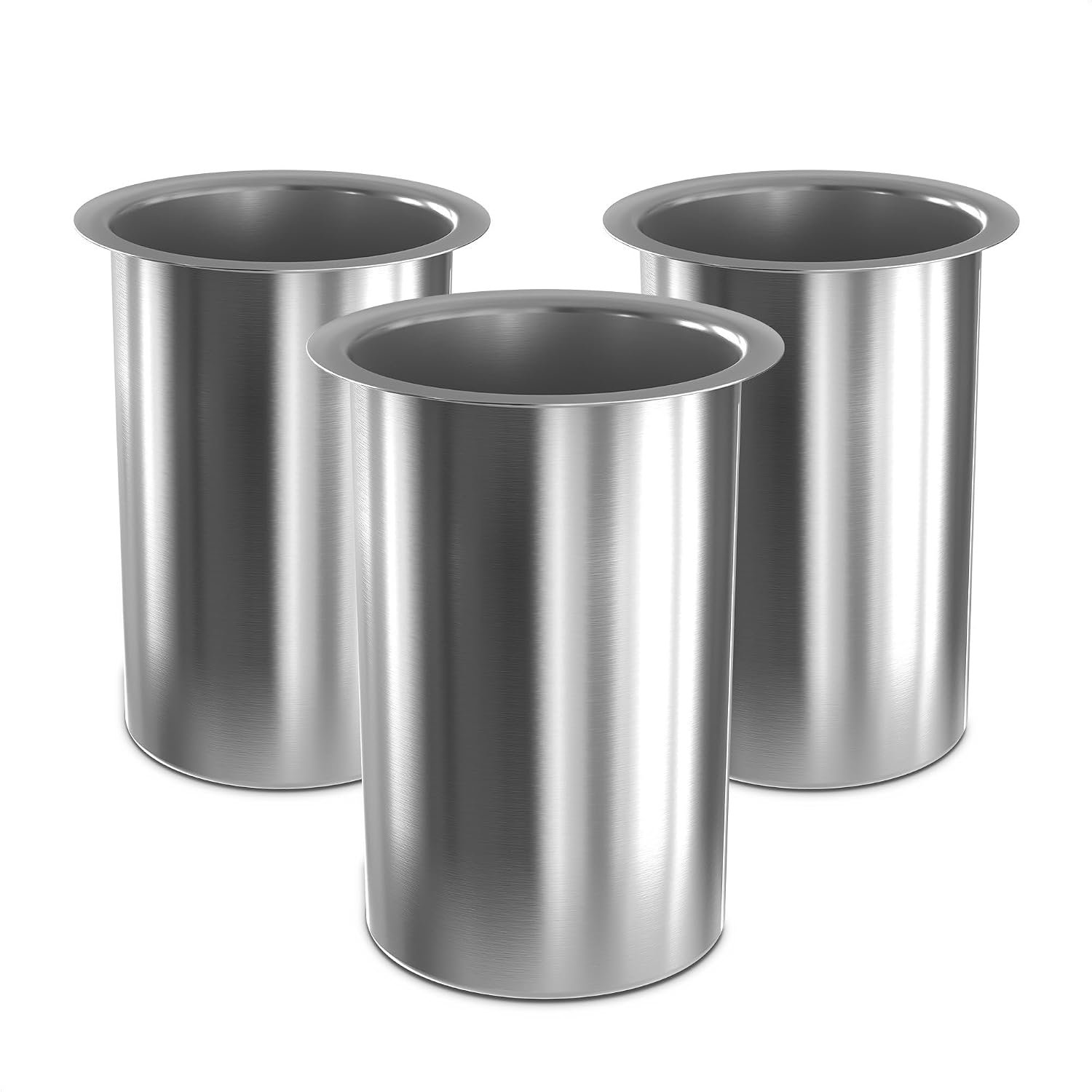 Reluen 3 Pcs Stainless Steel Utensil Holder, Kitchen Canister, 5.5 x 4.5 In | Dishwasher Safe Cups Sit on Counters and Slide into Pull Out Cabinets – Odor & Rust Resistant Open Tops for Bars, Prep Areas