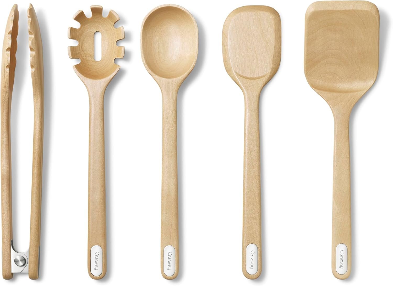 Caraway 5-Piece Wooden Utensil Set, Cooking Utensil Set | Spoon, Server, Scraper, Spatula, and Tongs, Made From FSC-Certified Birch Wood, No Microplastics