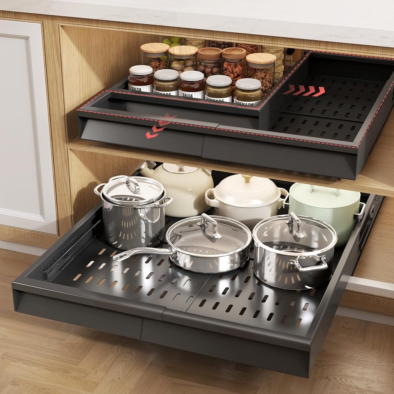 Seinloes Pull Out Cabinet Organizer, 4-Side Expandable to Fit Most Cabinets, 3 Rail Slide Out Drawers with Raising Pad for Framed & Frameless Cabinets, 13″-21″ W x 17″-24″ D, Black, 2 Pack
