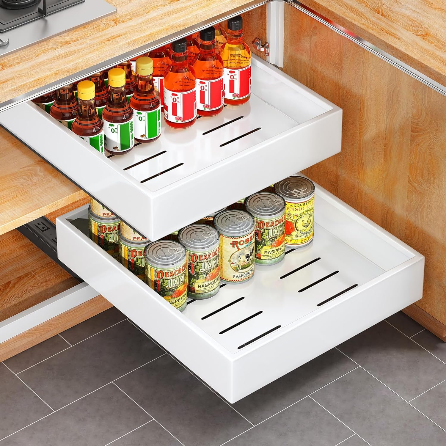 2Pack Pull out Cabinet Organizer, 21″Deep, Heavy Duty Full-extension Slide out Drawers for Kitchen Cabinet, Roll out Shelf Storage with Nano Adhesive for Pots, Bathroom, Pantry, Home, White