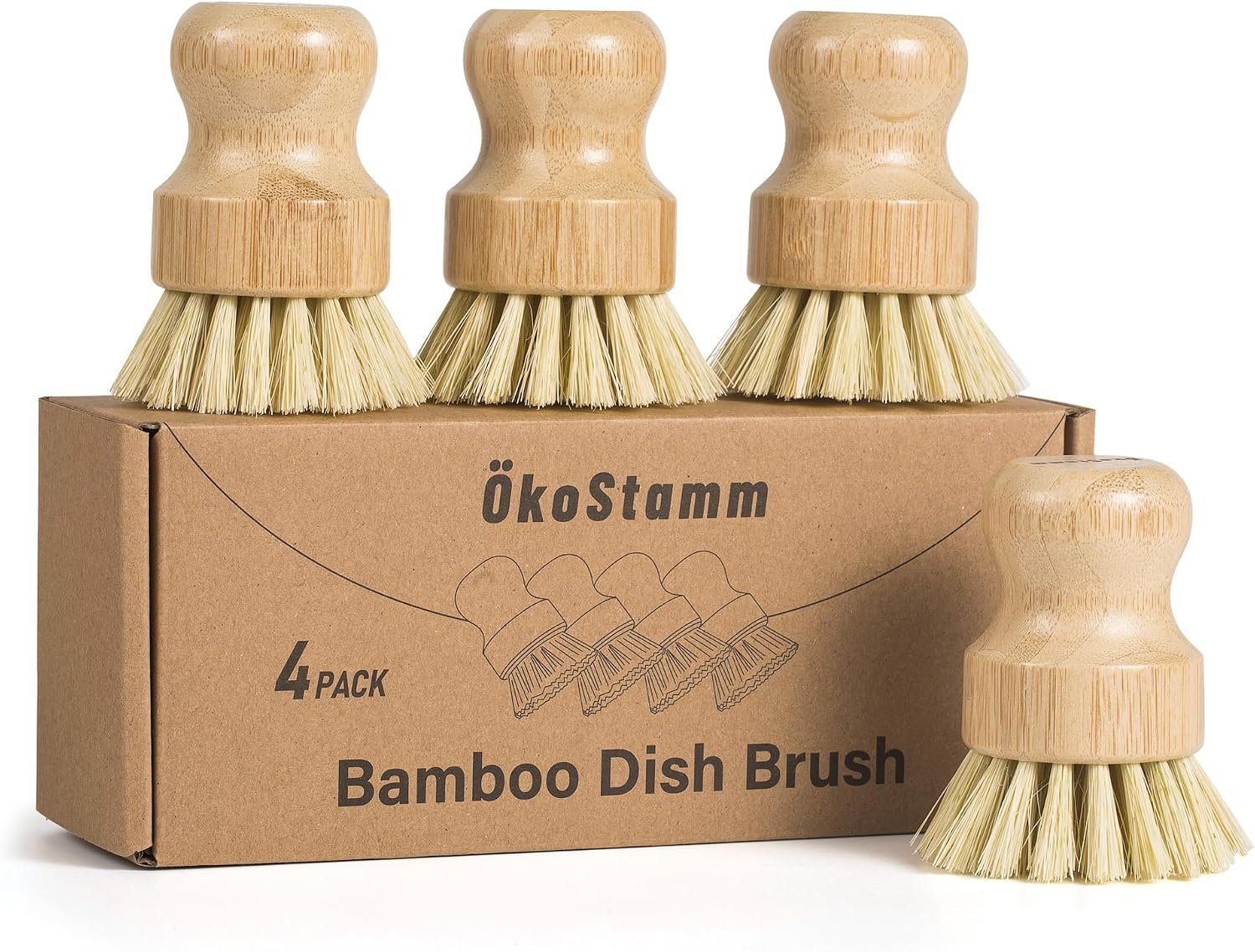 4 Pack Bamboo Dish Brush with Sisal Bristles for Kitchen Cleaning | Natural Material, No Plastic, Dish Scrubber Brush for Dish Cleaning, Sufficient Quantity for Replacement, Ergonomic Handle