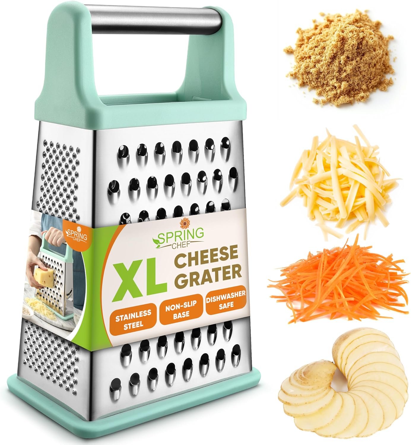 Spring Chef Stainless Steel XL Cheese Grater for Kitchen, Mint | 4 Sided Manual Metal Box Grater for Carrot, Potato, Parmesan, Cheese Shredder, Professional Vegetable Grater, Dishwasher Safe