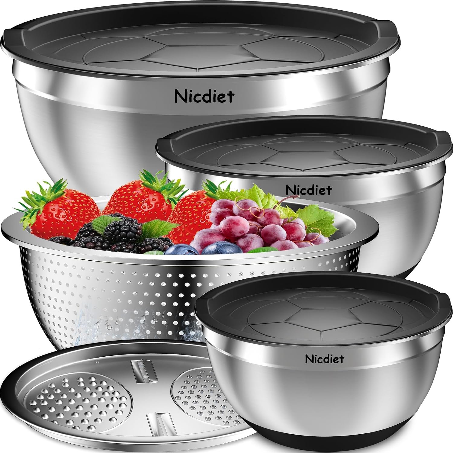 Mixing Bowls with Airtight Lids, Stainless Steel Mixing Bowl Set with 3 Nesting Kitchen Metal Bowls, Colander & Grater, Non-Slip Bottoms, Size 1.5, 2.5, 5 QT, Great for Mixing & Serving, Black
