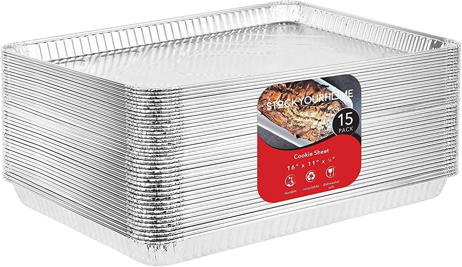 Stock Your Home Aluminum Pans – 15 Pack Disposable Aluminum Foil Trays – Reusable Nonstick Baking Sheets – 16 Inch x 11 Inch